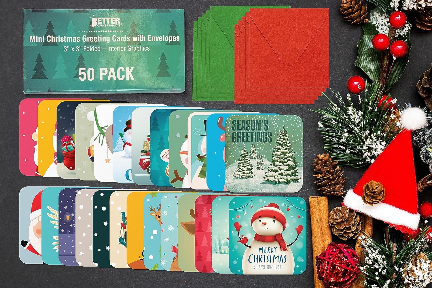 Better Office Products Mini tarjetas de felicitación de Navidad y sobres, 3 x 3 pulgadas, 25 diseños únicos con sobres rojos y verdes, pequeñas