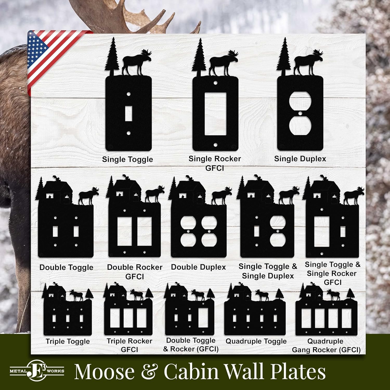 Moose & Cabin – Placa de pared para interruptor de luz de palanca doble (palanca doble, negro) – Fabricado en Estados Unidos