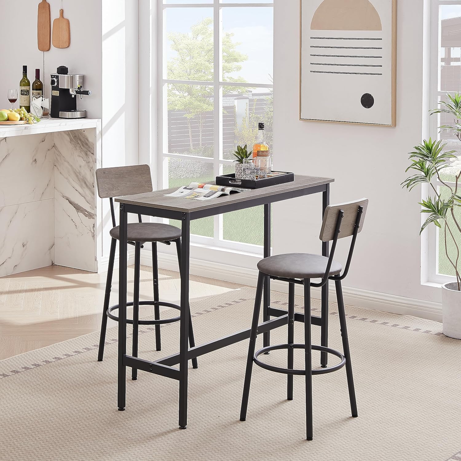 Juego con 2 taburetes de bar PU asiento suave con respaldo y reposapiés, sala de estar, comedor y espacios pequeños, fácil de montar, gris, mesa y