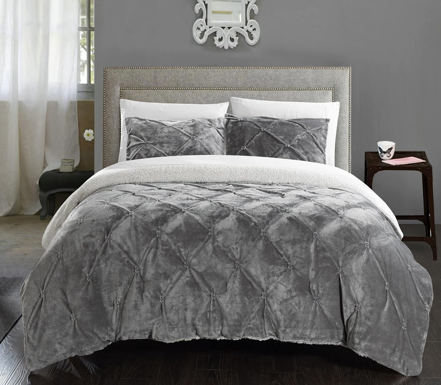 Chic Home CS4800-AN Josepha – Edredón plisado con volantes y frunces, forro de sherpa, beige, individual extra largo