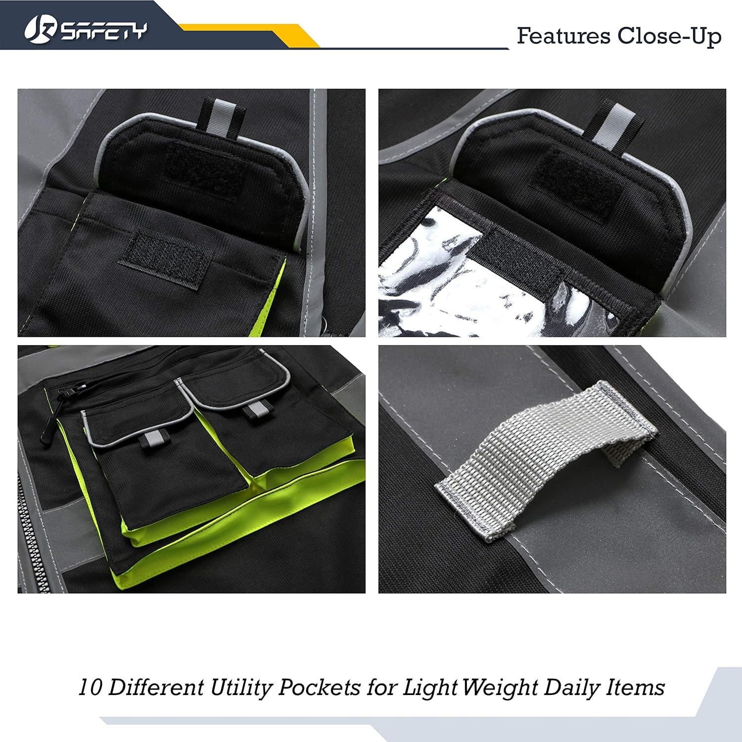 JKSafety Chaleco de seguridad frontal con 10 bolsillos clase 2 de alta visibilidad con tiras reflectantes, cumple con los estándares ANSIISEA
