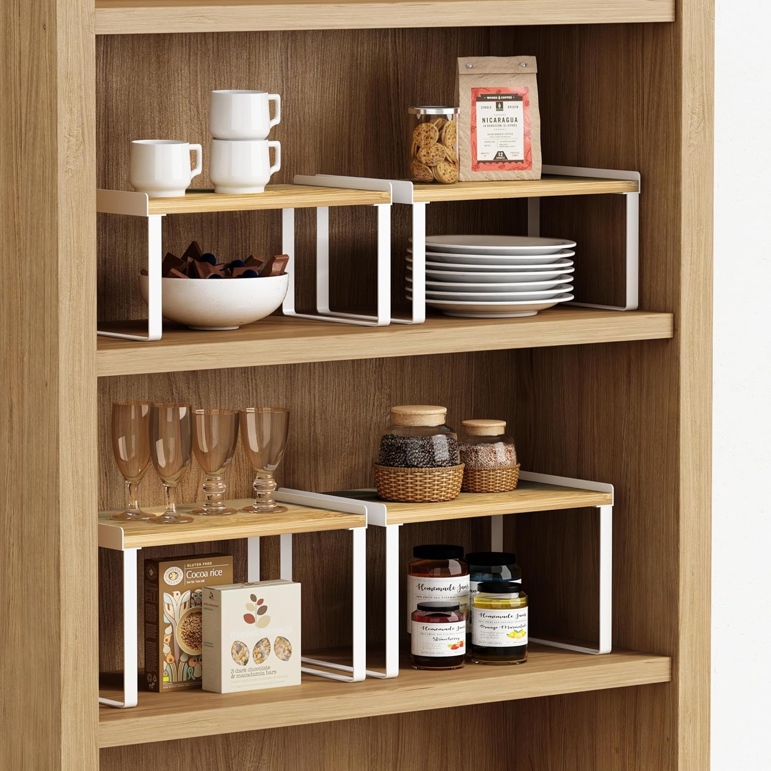 Juego de 4 estantes organizadores de armario de cocina, organizador apilable de encimera para encimera de cocina, organizadores de esquina y estante