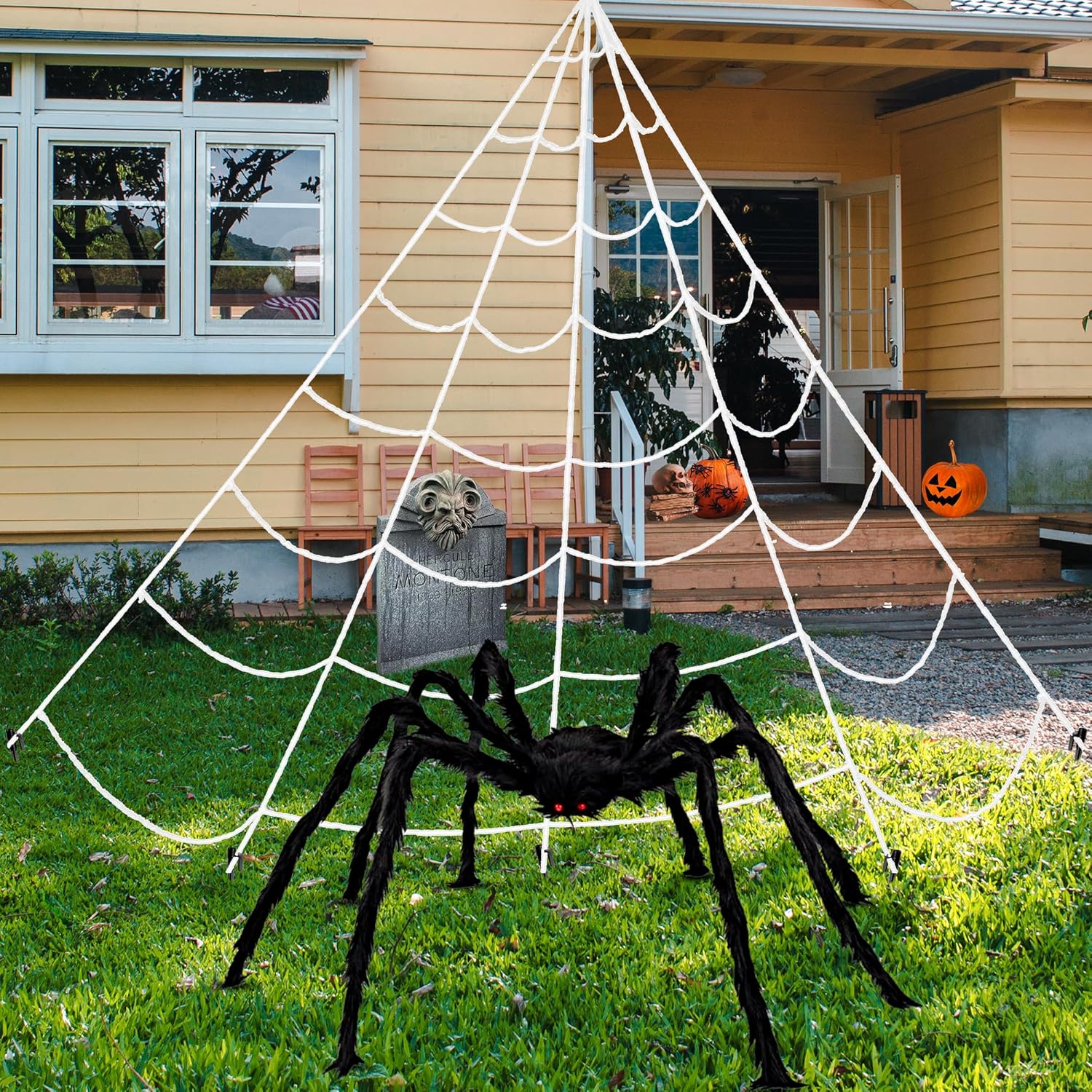 Katchon, Decoraciones de Halloween de araña gigante, paquete de 2, telaraña triangular de Halloween para exteriores, cuerda de telaraña, decoración
