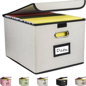 Caja organizadora de archivos plegable, cajas de almacenamiento para colgar archivos con tapa, caja de carpetas de archivos portátil de lino con Caja organizadora de archivos plegable, cajas de almacenamiento para colgar archivos con tapa, caja de carpetas de archivos portátil de lino con