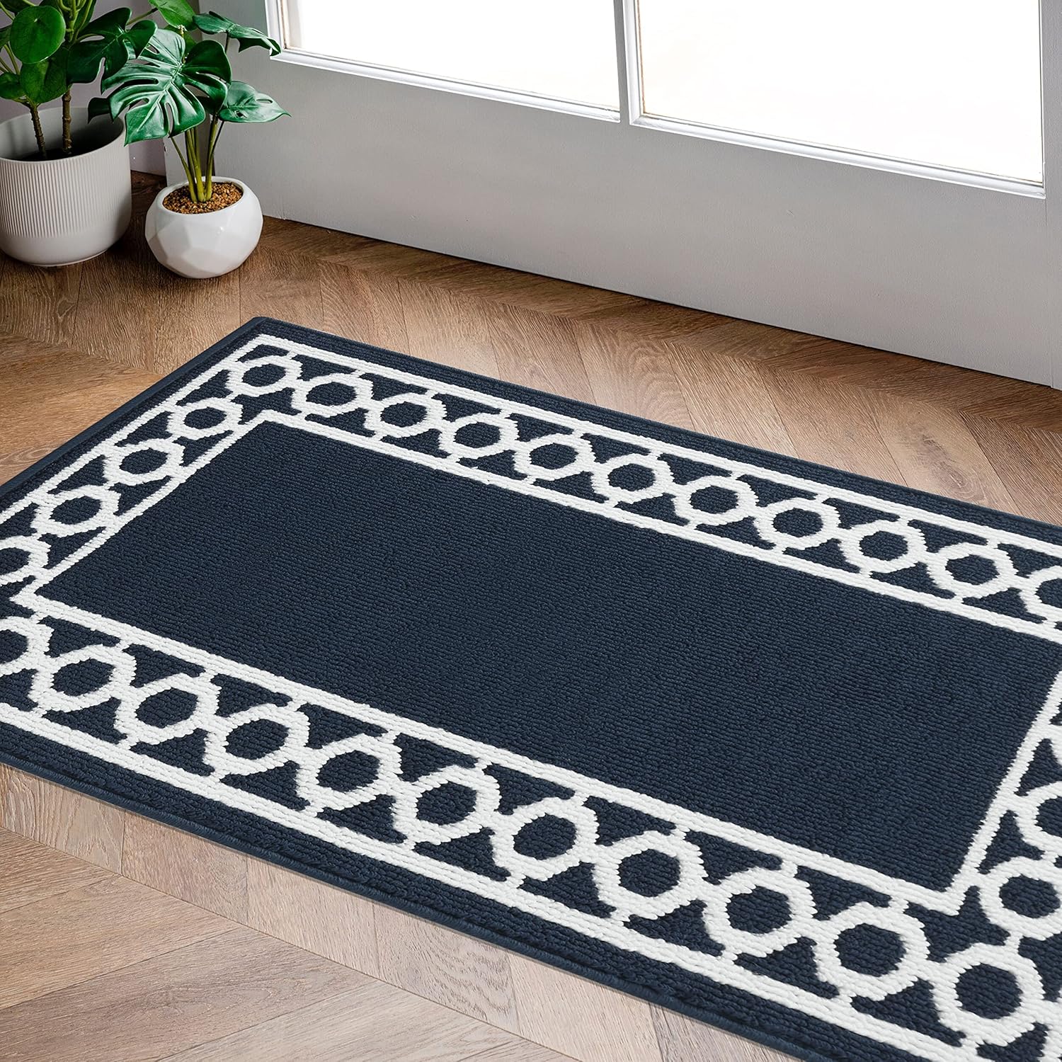 Creative Home Ideas Alfombra acolchada con borde de enrejado Christine – Decoración moderna del hogar, alfombra lavable – Alfombra decorativa para