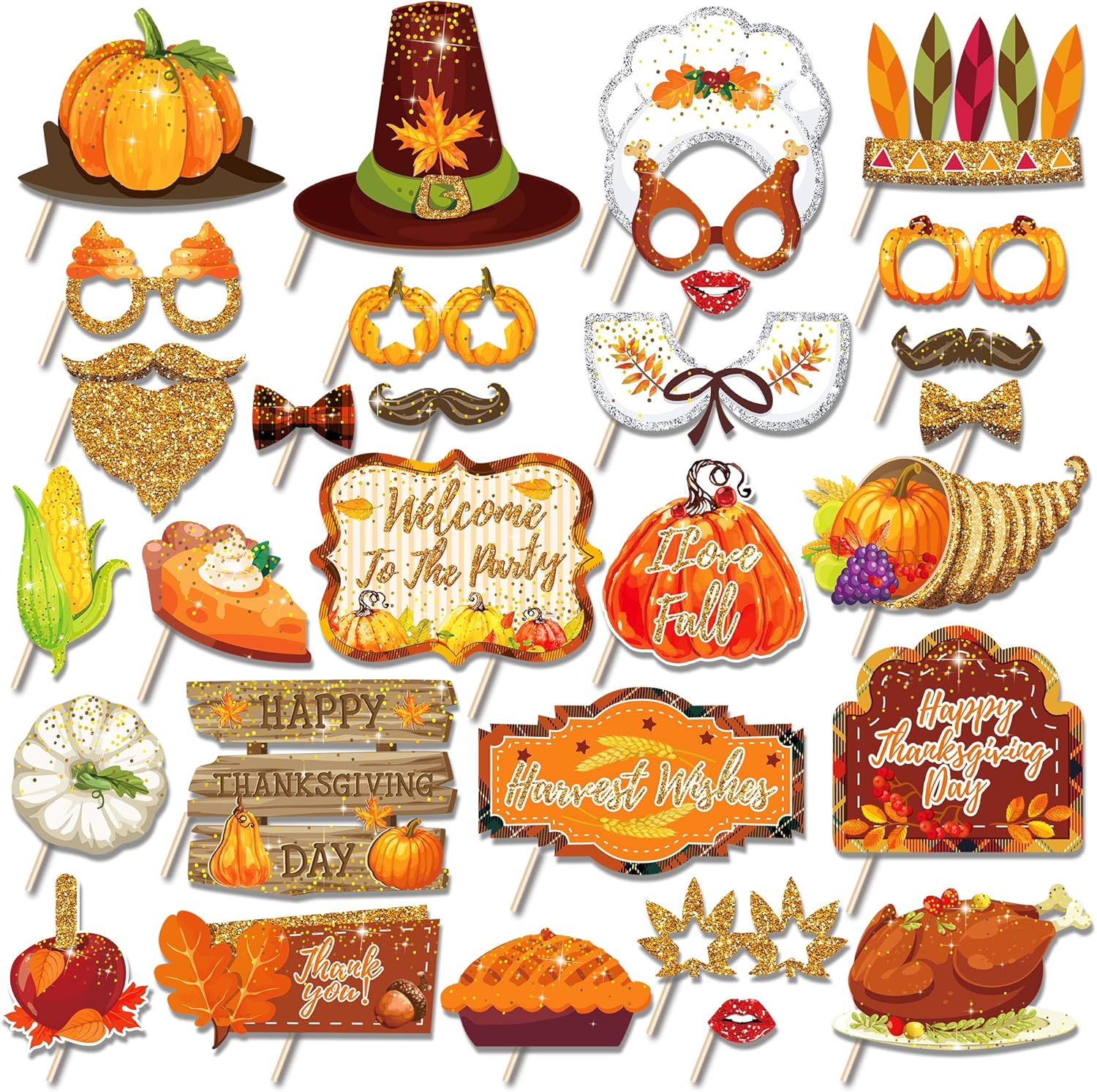 30 piezas de accesorios para cabina de fotos para fiesta de otoño feliz día de Acción de Gracias, cosecha, festival, calabaza, decoración de fiesta
