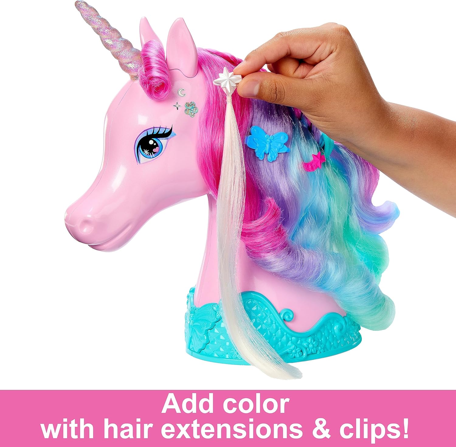 Barbie Juguetes de unicornio, cabeza de peinado con melena colorida de pelo de fantasía, accesorios de peinado y calcomanías brillantes