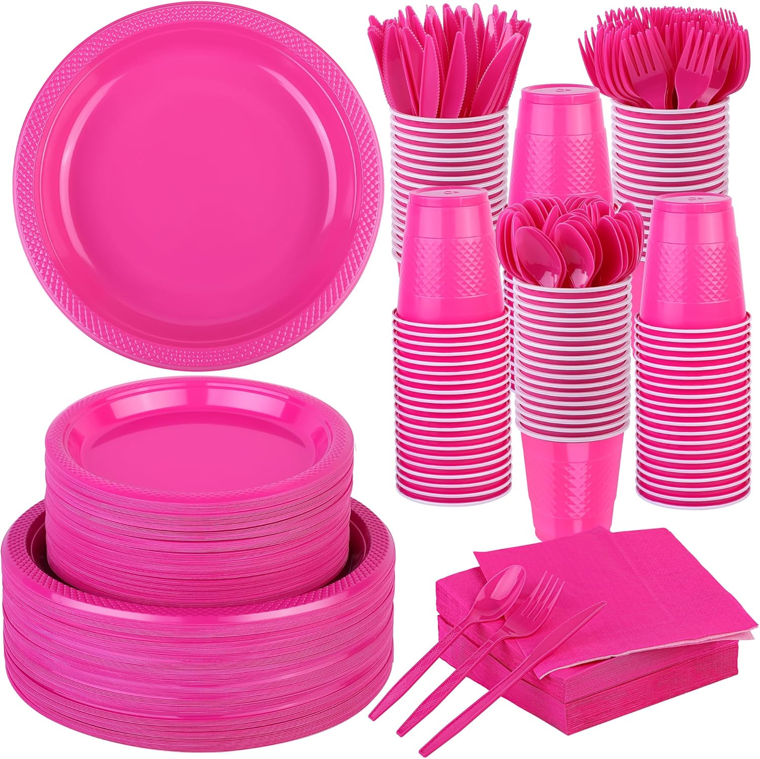 ADXCO Juego de vajilla desechable de 700 piezas, color rosa intenso, incluye platos de plástico, vasos, cuchillos, tenedores, cucharas, servilletas