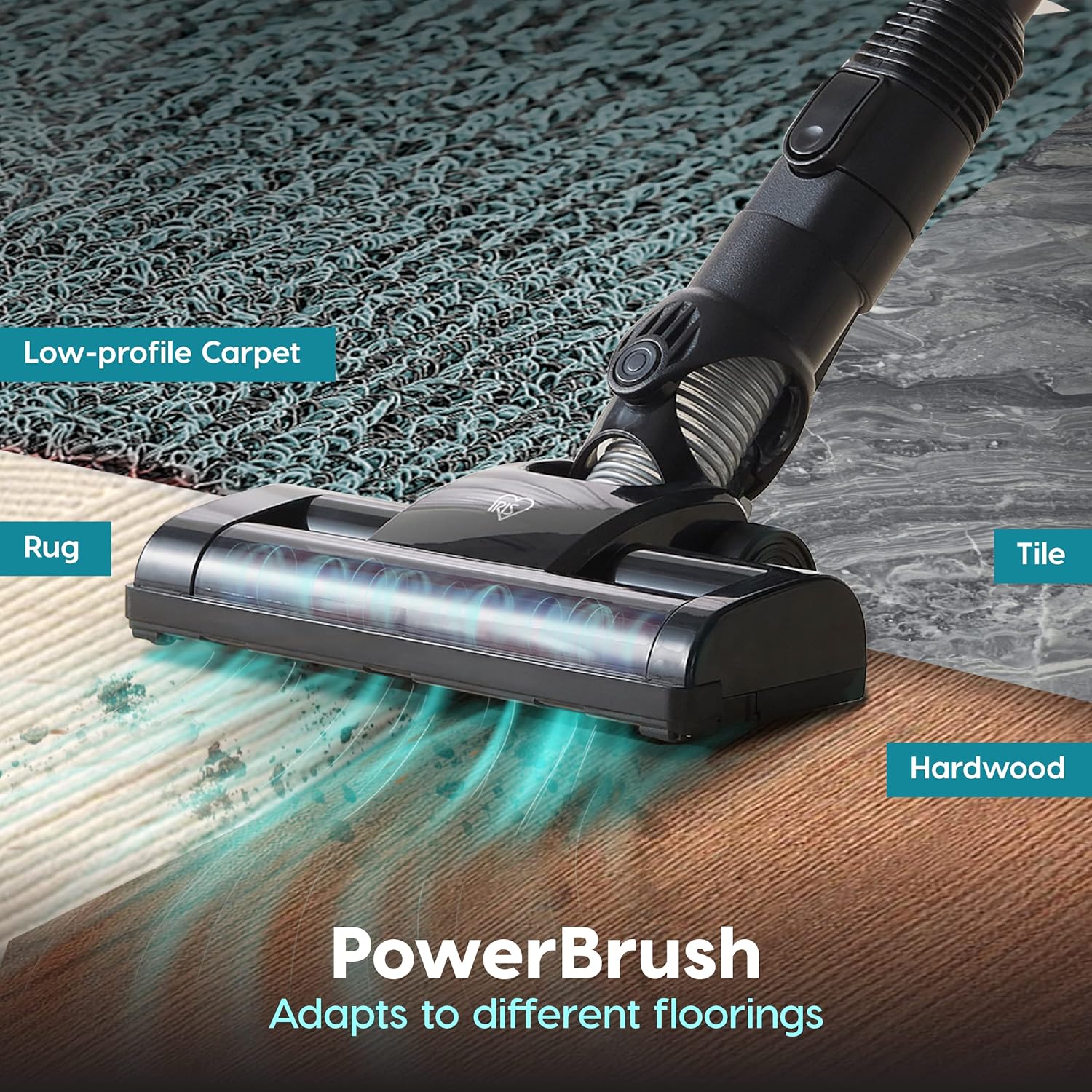 IRIS USA Power Brush – Aspiradora inalámbrica para alfombras de bajo perfil y suelos duros, soporte y accesorios 6 en 1, indicador LED de succión de
