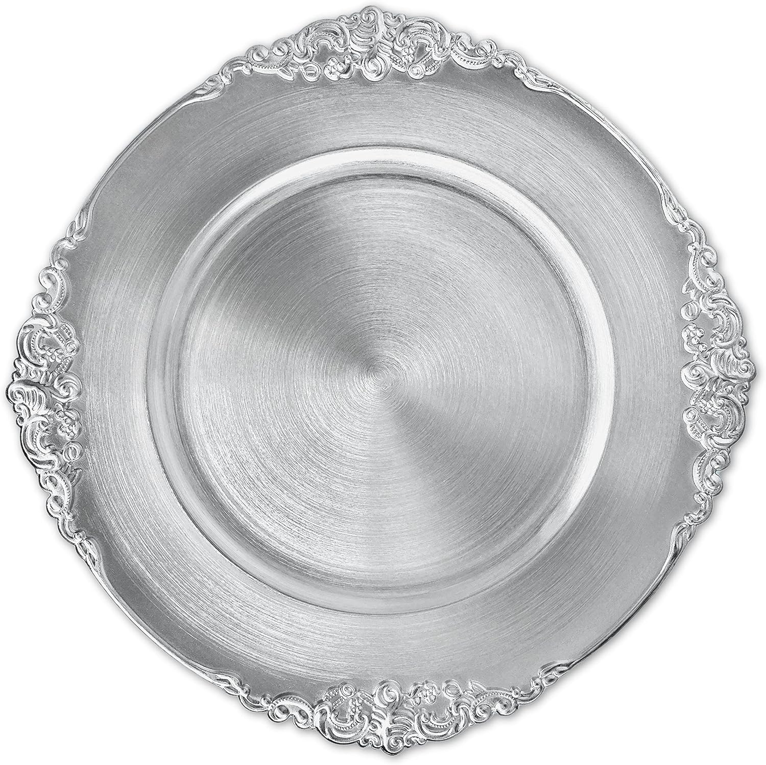 Henilosson Platos de carga plateados – Cargadores de platos antiguos para platos llanos – Juego de 6 cargadores de cena (6, plateado)