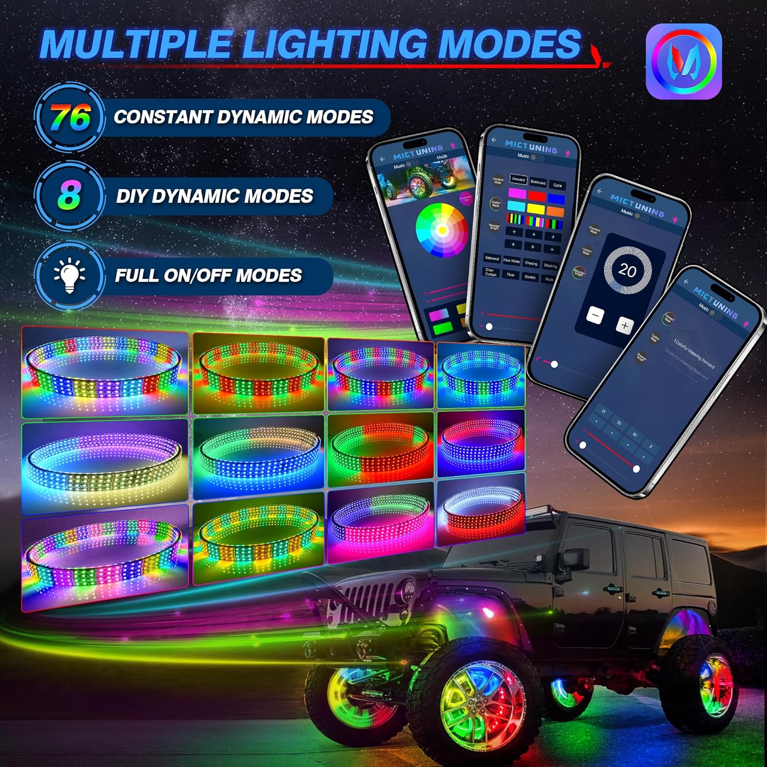 MICTUNING Kit de luces de anillo de rueda de color V1 RGB+IC de 15 pulgadas con control de aplicación, luces de neón de doble fila de luces de