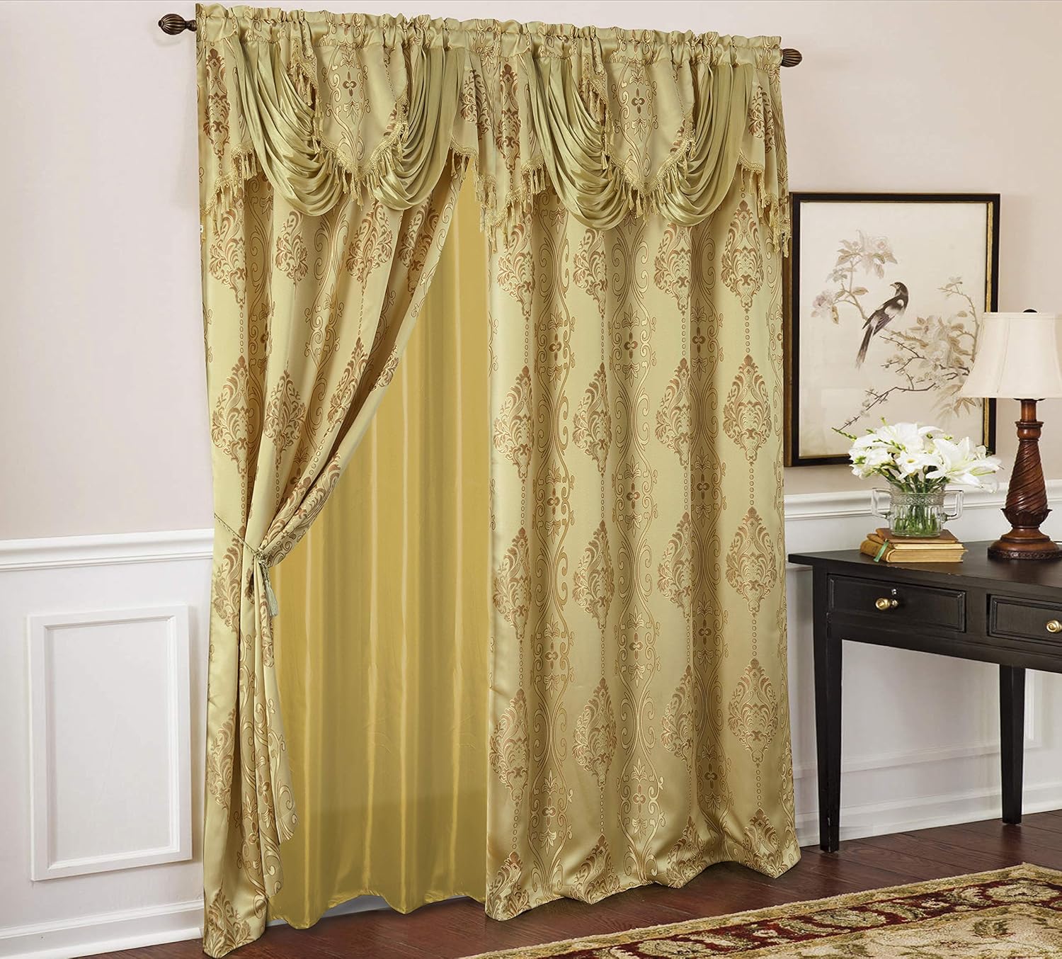 Rosetta – Panel de cortina jacquard texturizado con cenefa adjunta de 18 pulgadas, 54 x 84 pulgadas, dorado