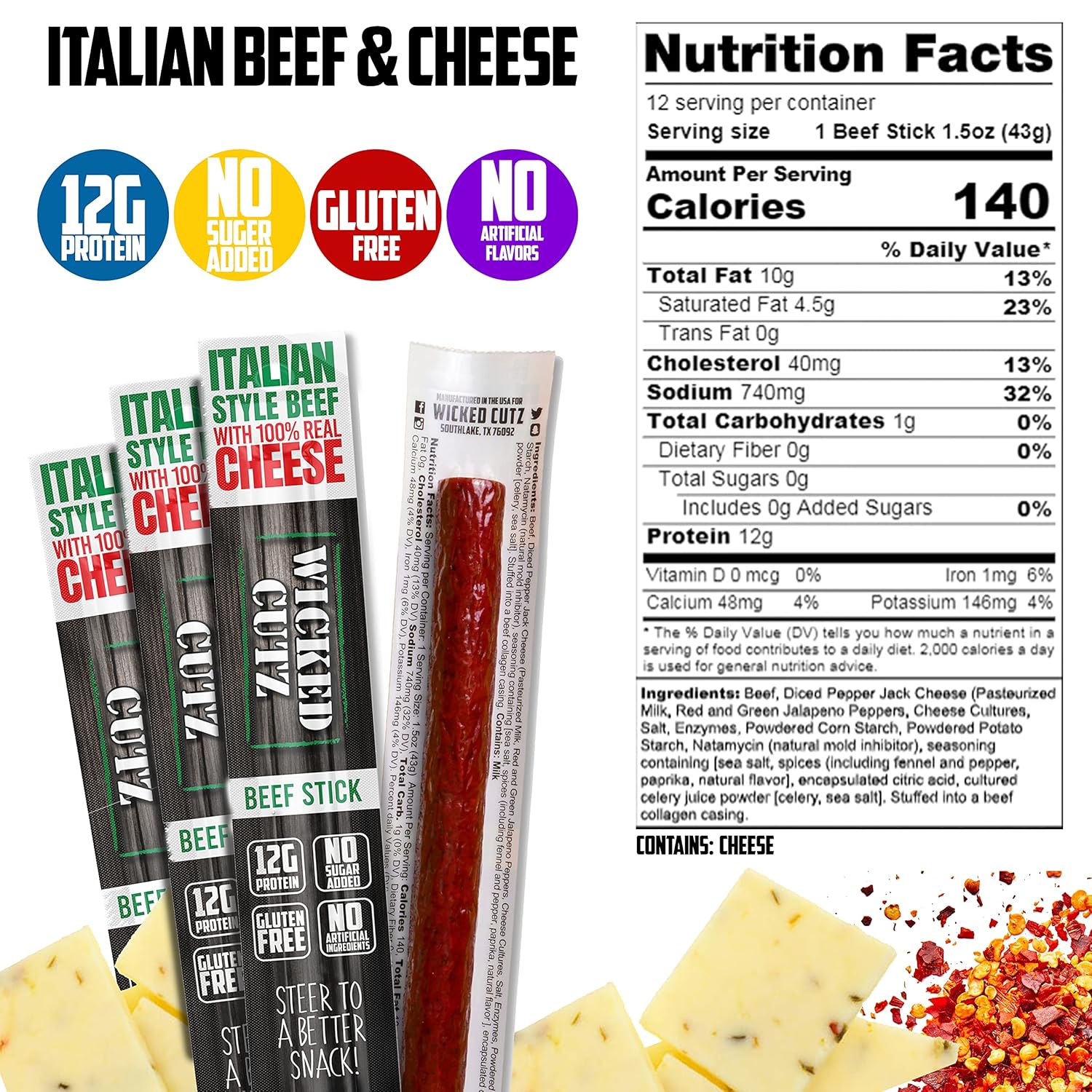 Paquete variado de palitos de carne y queso, queso Buffalo Chicken & Pepper Jack + palitos de carne italiana y queso con 0.42 oz de proteína por