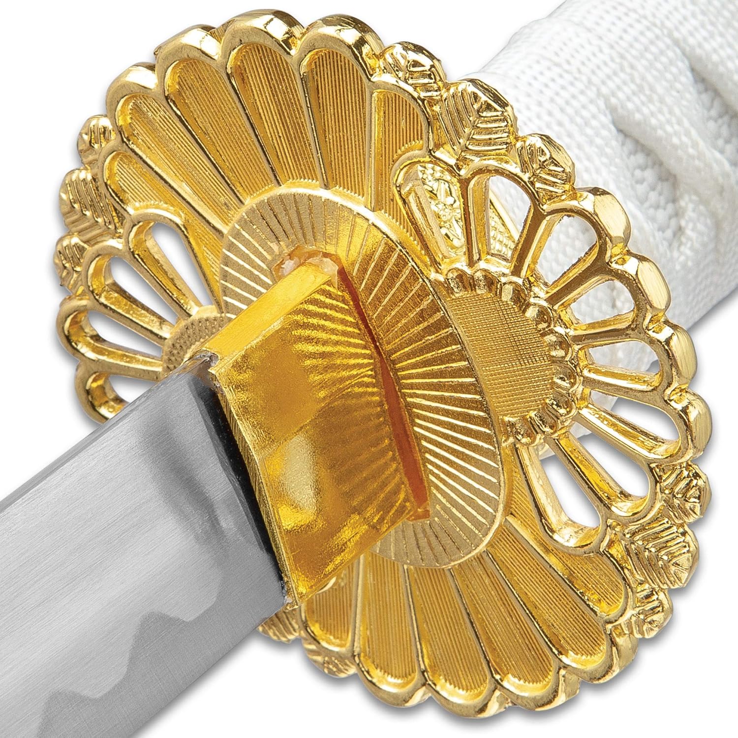 Katana de loto blanco con vaina de madera brillante, hoja de acero de alto carbono, mango de madera, envoltura de cables, accesorios de aleación de