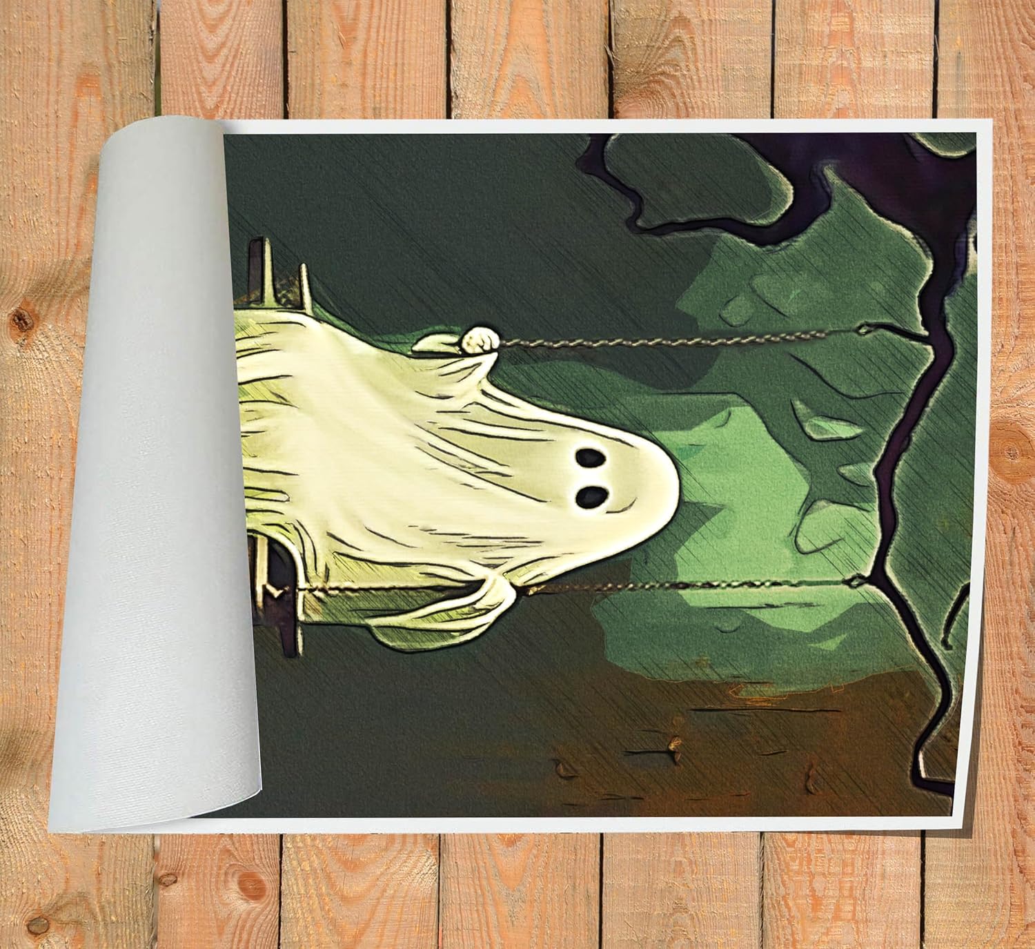 Lienzo decorativo para pared de fantasma, divertido póster de fantasma en columpio de bosque, impresión artística de Halloween (18 x 12 pulgadas,
