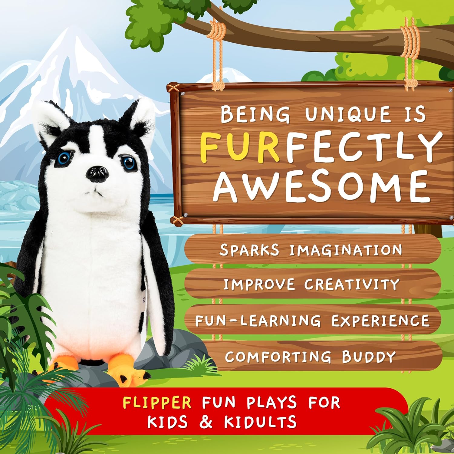 Randimals Mezcla de animales de peluche híbridos de pingüino y perro husky para niñas y niños, personajes de animales abrazables y suaves, juguetes