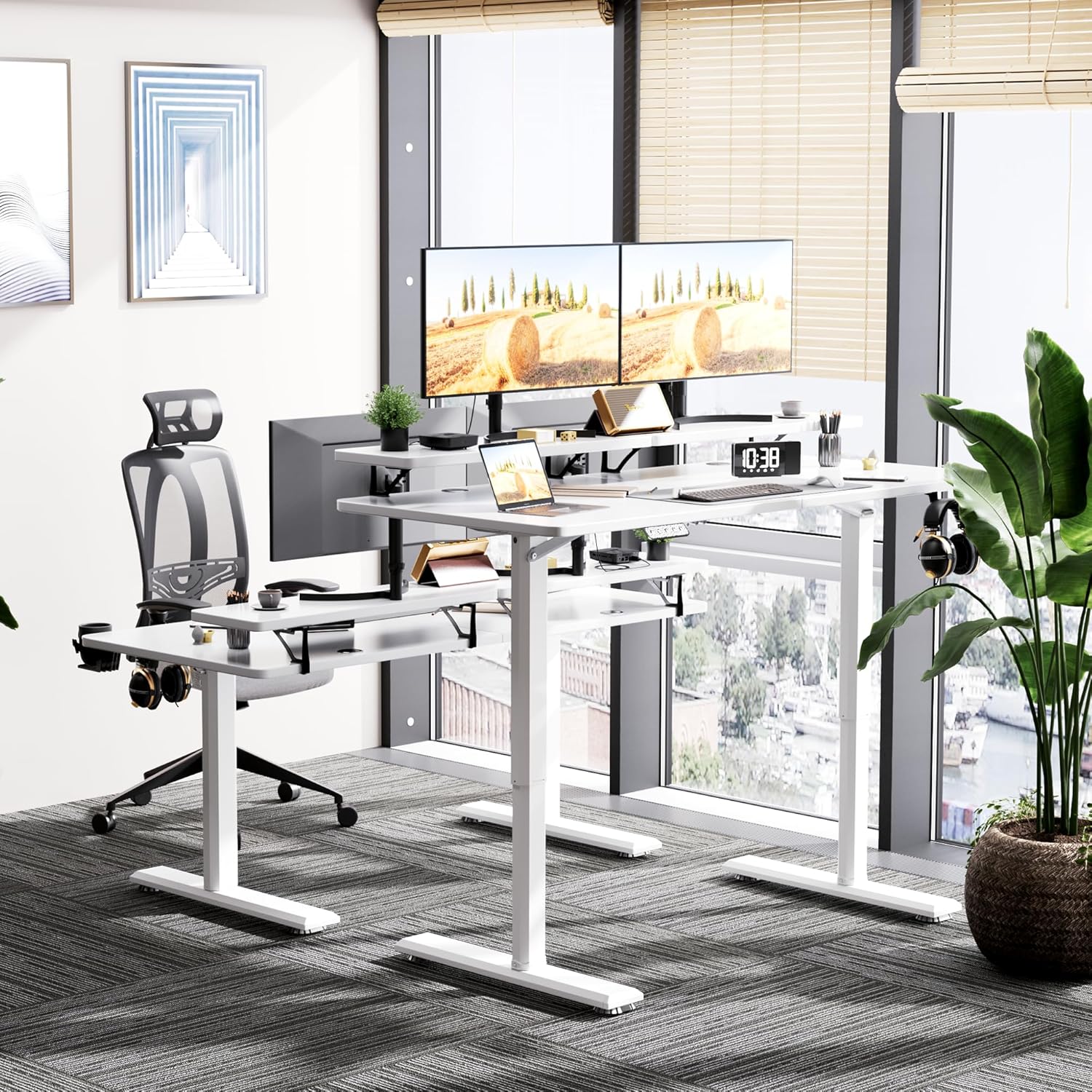 Kemon Escritorio eléctrico de pie con soporte para monitor, escritorio de pie ajustable de altura de 55 x 24 pulgadas, estación de trabajo para