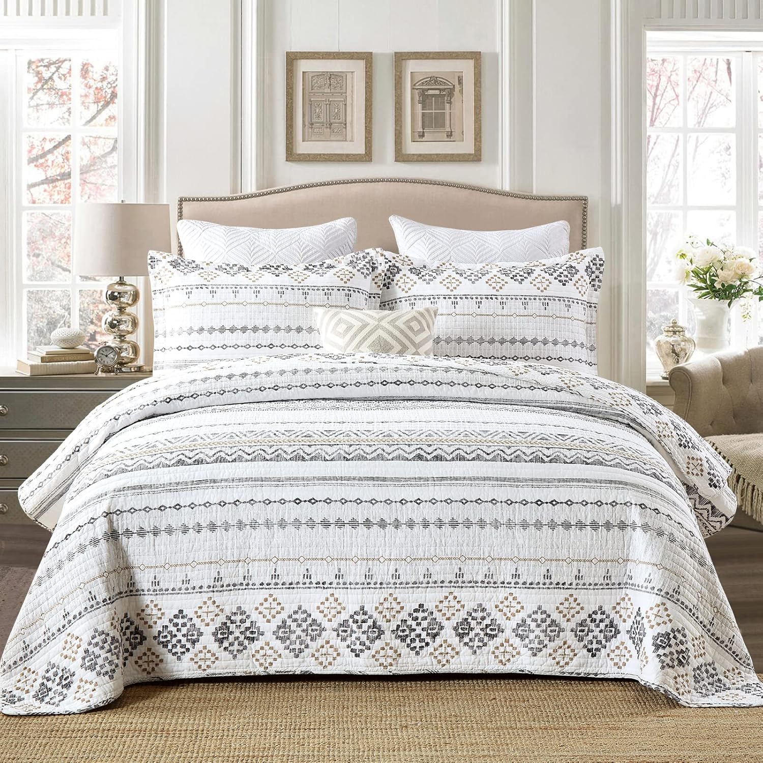 DUOHONG Juego de colcha de tamaño King  Juego de colcha de 100% algodón bohemio para cama King, 3 piezas de edredón bohemio reversible a rayas