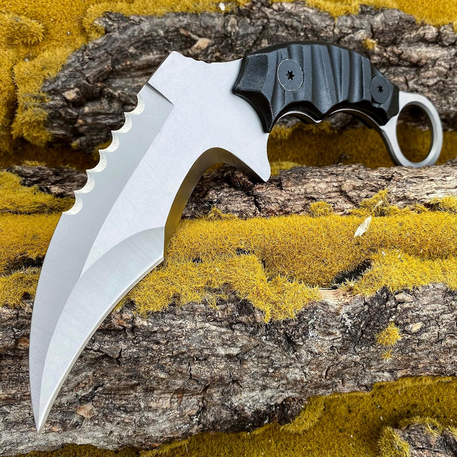 HOLYEDGE Cuchillos de hoja fija de acero D2 semidentados, cuchillo táctico de supervivencia con mango G10 y funda Kydex, herramientas de caza para