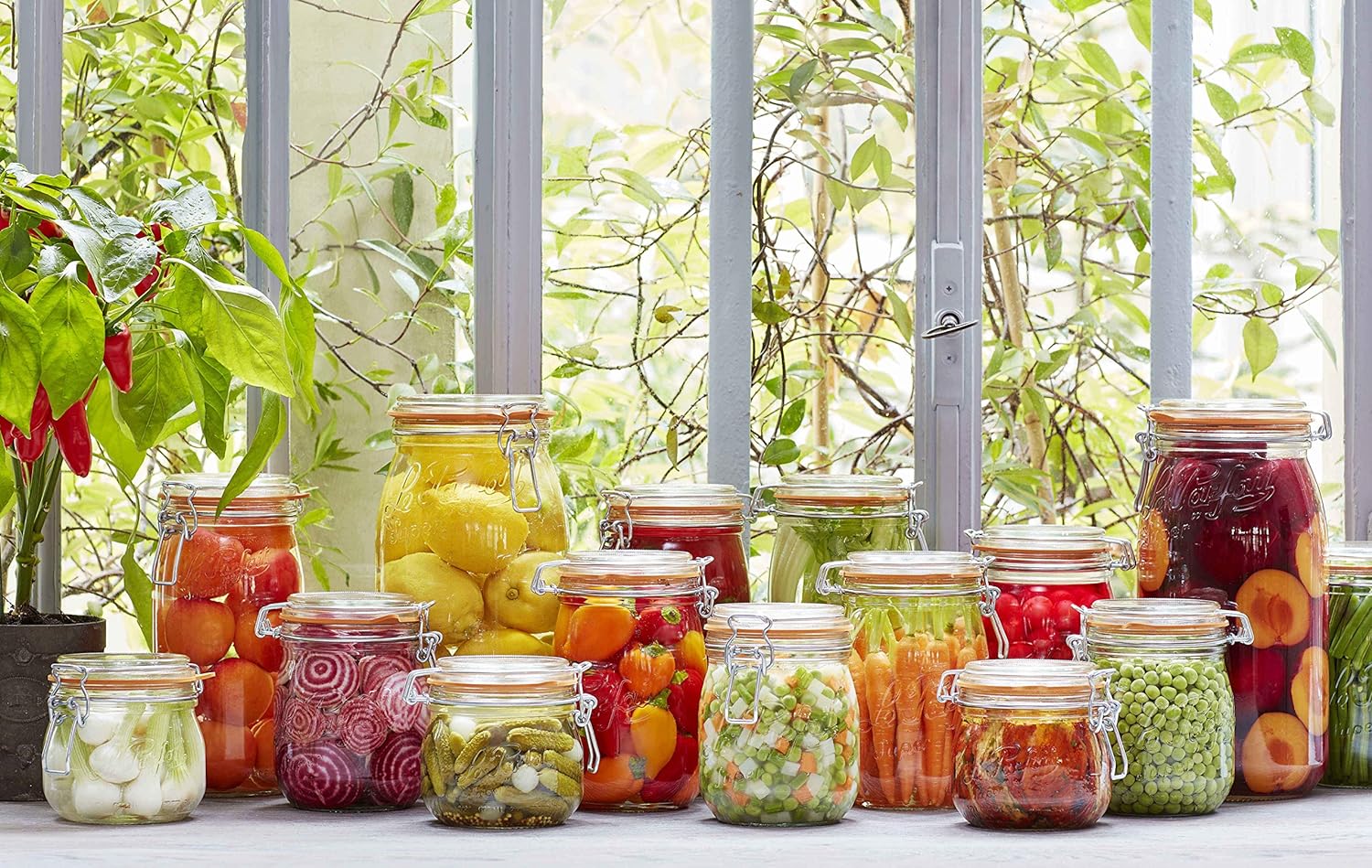 Le Parfait Super Jars Tarros de vidrio para conservas estilo francés, de boca ancha, con cuerpo redondeado, tapas de vidrio y sellos de hule