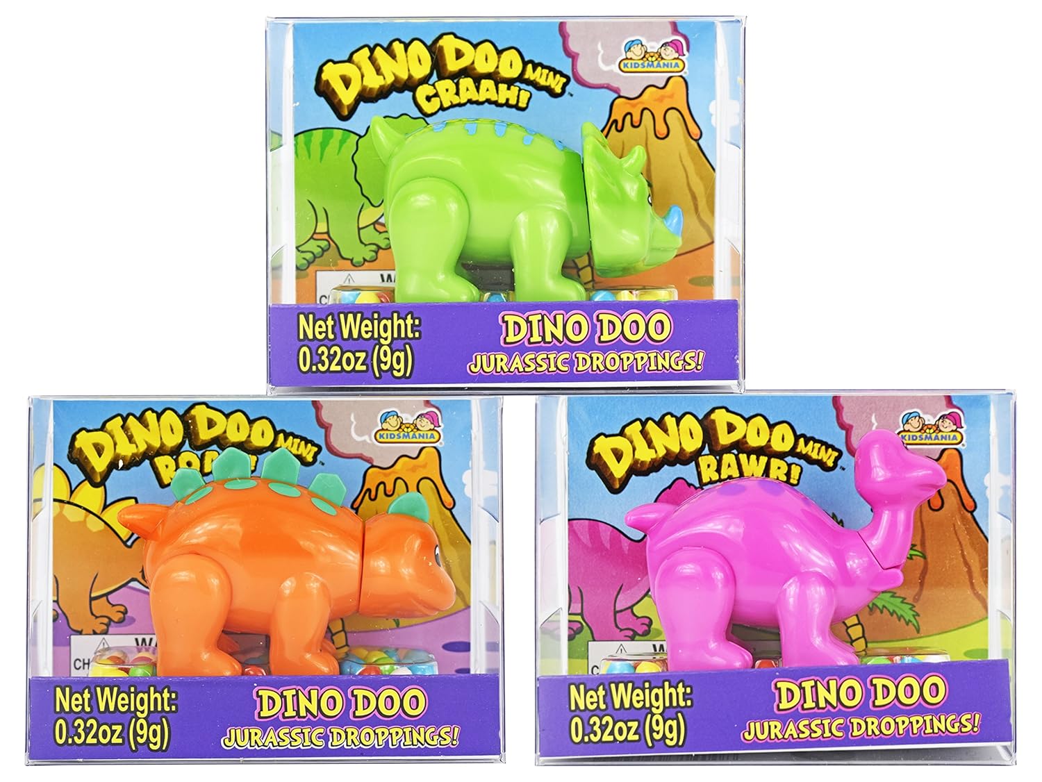 Juego de 3 mini dispensadores de caramelos Dino Doo. Cuenta con dinosaurios como triceratops, estegosaurio y brontosaurio. Perfecto para fiestas de