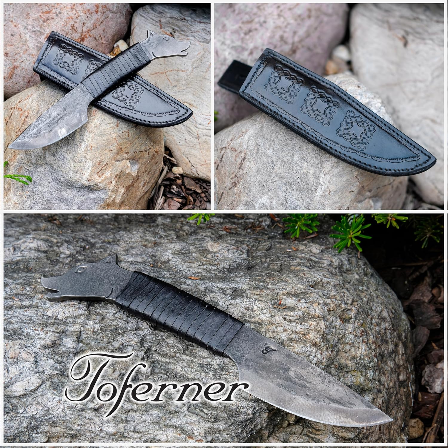 Toferner Cuchillo de regalo original – Lobo – Negro – Cuchillo forjado a mano – Deportes – Hoja endurecida a mano Hermoso producto. Longitud total