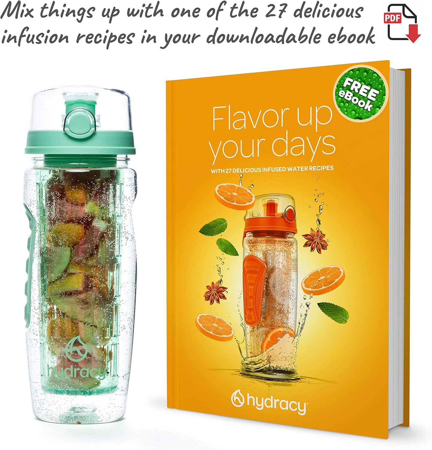 Hydracy – Botella de agua deportiva con infusor de frutas, 32 onzas, barra de infusión de longitud completa y marca de tiempo + regalo de libro