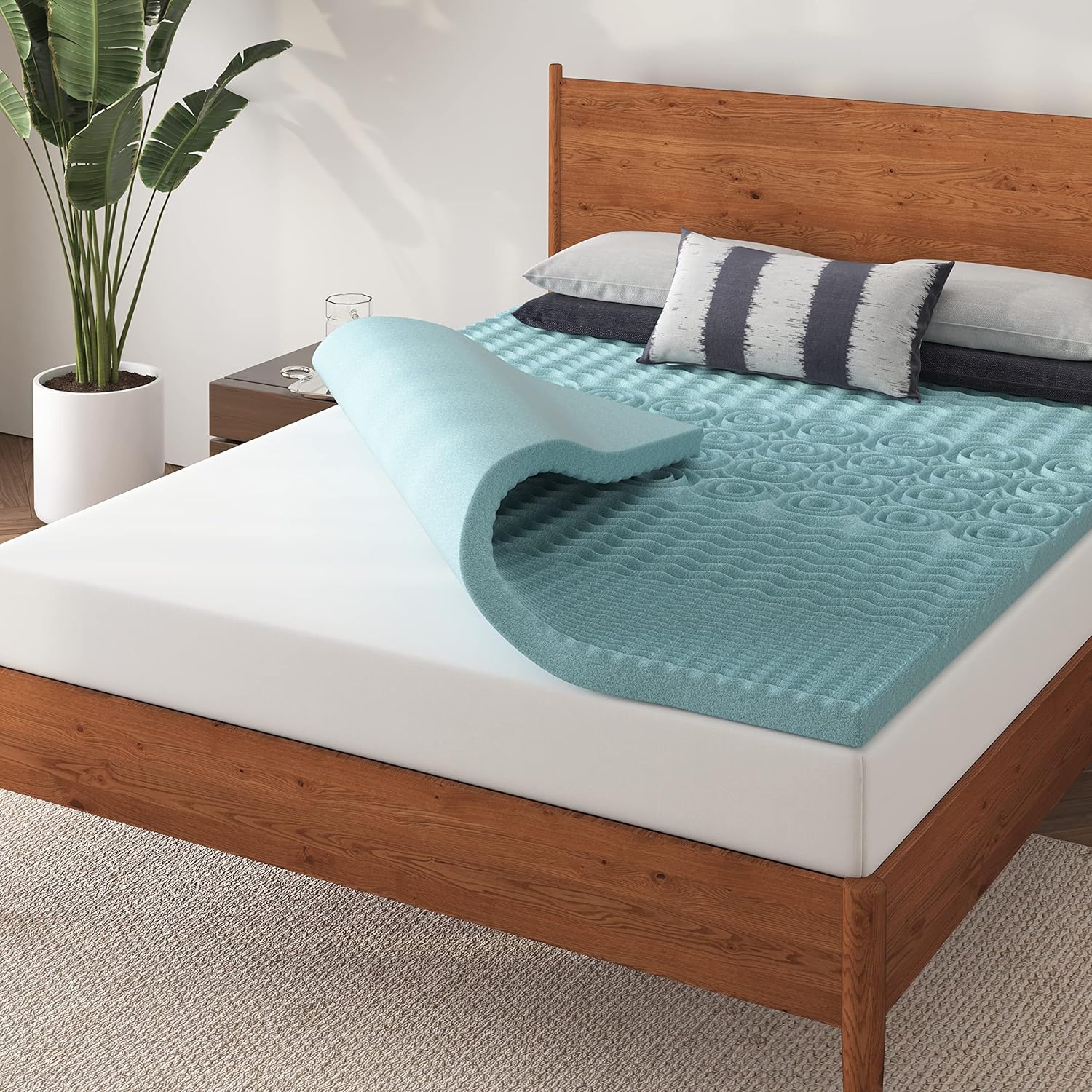 NapQueen Cubrecolchón de espuma viscoelástica de gel de 5 zonas de 2 pulgadas, certificado CertiPUR-US, tamaño individual, azul