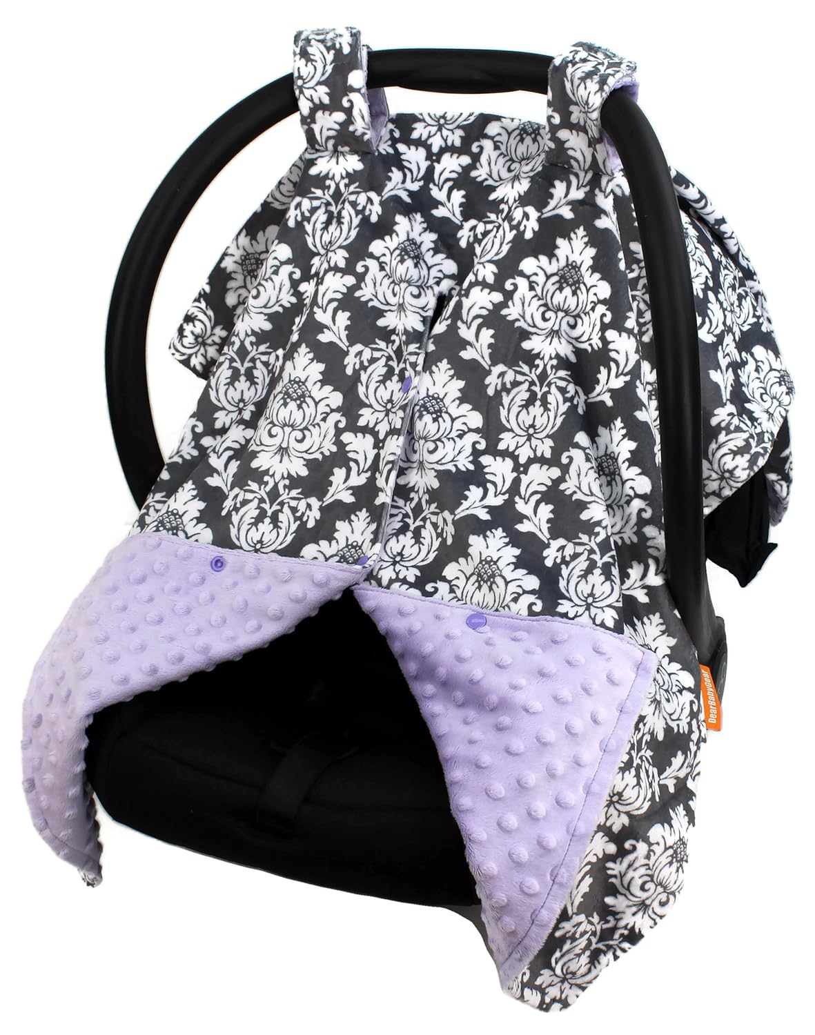 Dear Baby Gear Toldo de asiento de coche de lujo, impresión personalizada Minky gris y blanco, lavanda Minky Dot