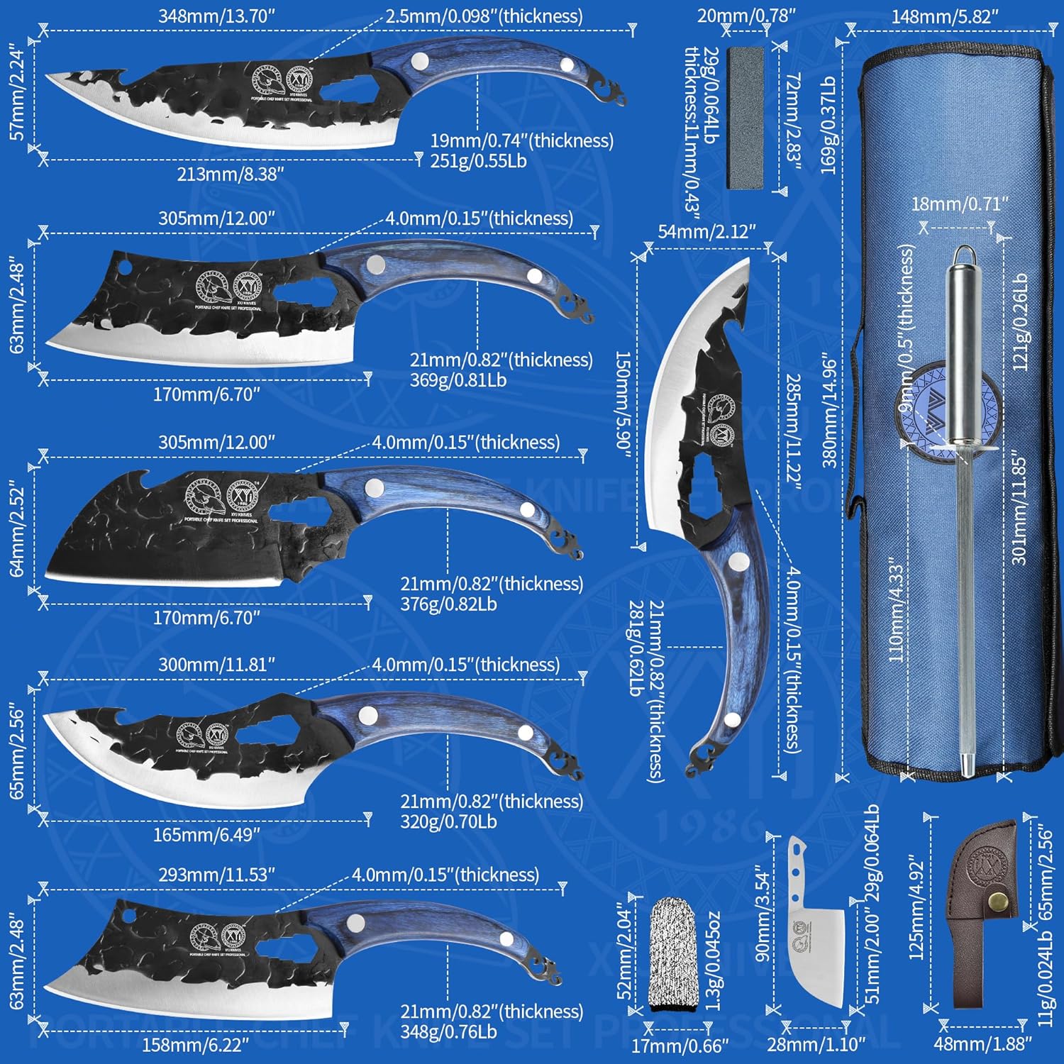 XYJ Juego de cuchillos de chef portátil profesional, cuchillo de chef de espiga completa para exteriores, juego de 6 piezas de cuchillos de cocina