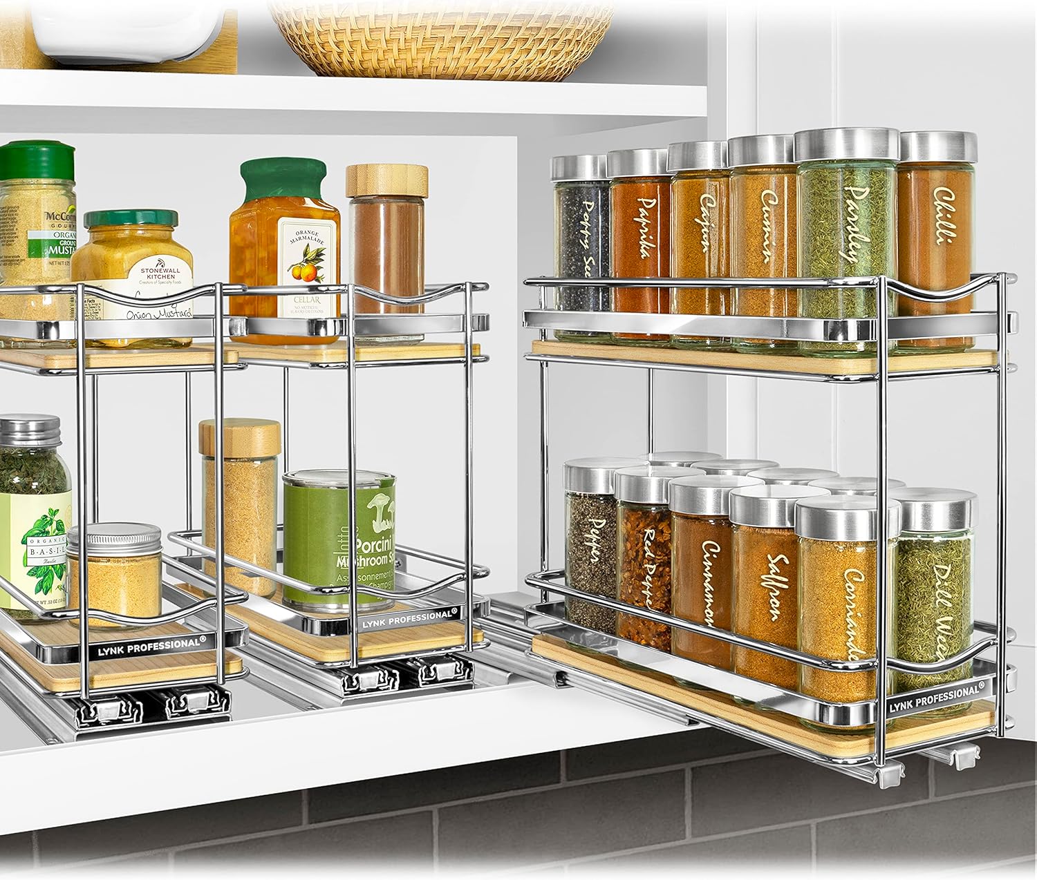 LYNK PROFESSIONAL Élite – Organizador extraíble de especias para armario, 4-14 pulgadas de ancho, estante deslizante, organizador de madera y cromo,