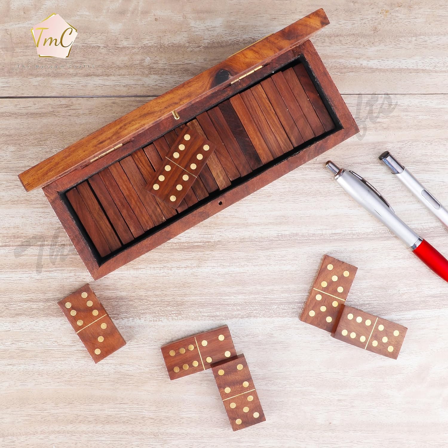 The Maryam Crafts Juego de dominó de madera hecho a mano  Doble seis tamaño profesional con caja de almacenamiento de madera decorativa (palo de