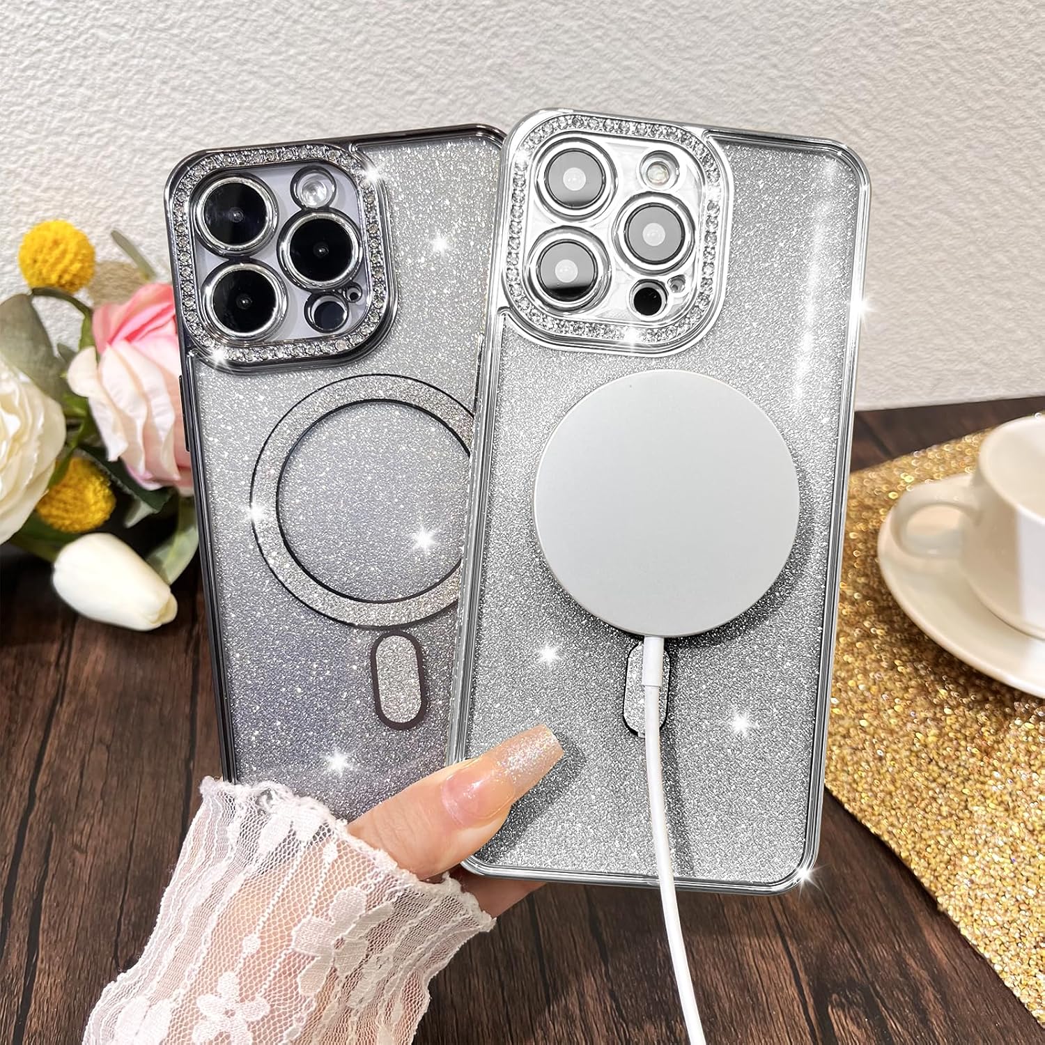 KANGHAR Funda magnética con purpurina degradada para iPhone 15 Pro Max de 6.7 pulgadas, funda de lujo chapada en diamantes de imitación, suave TPU