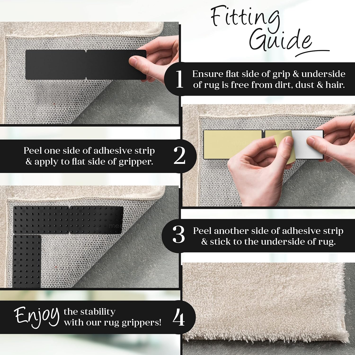 Greatideas – Agarres antideslizantes para tapetes y alfombras, evita que tus tapetes y alfombras se resbalen y se deslicen, color negro, paquete de
