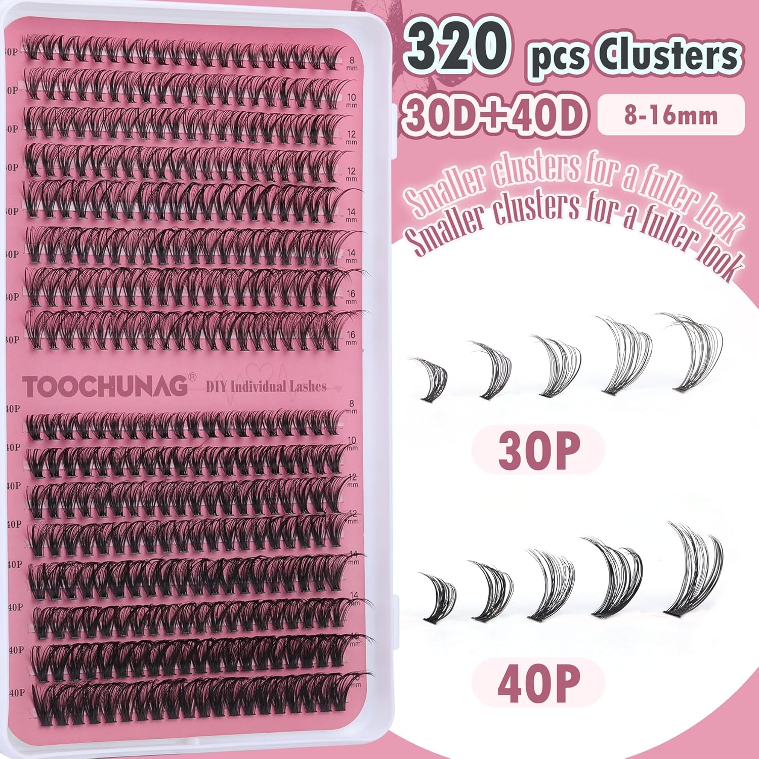 Kit de extensiones de pestañas individuales 30D+40D, 320 piezas de extensiones de pestañas en racimo, juego de racimos de pestañas de 0.315 a 0.630