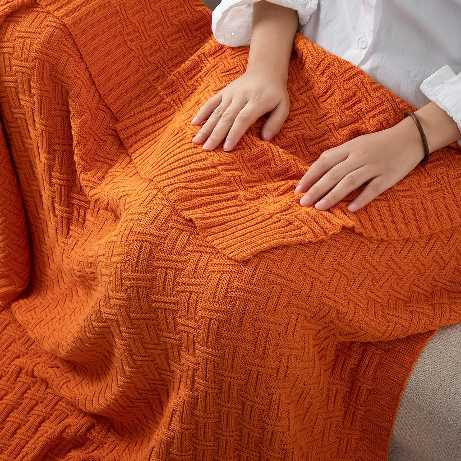 Manta de punto trenzado de algodón naranja, acogedora manta de punto cálido para sofá, 60 x 80 pulgadas
