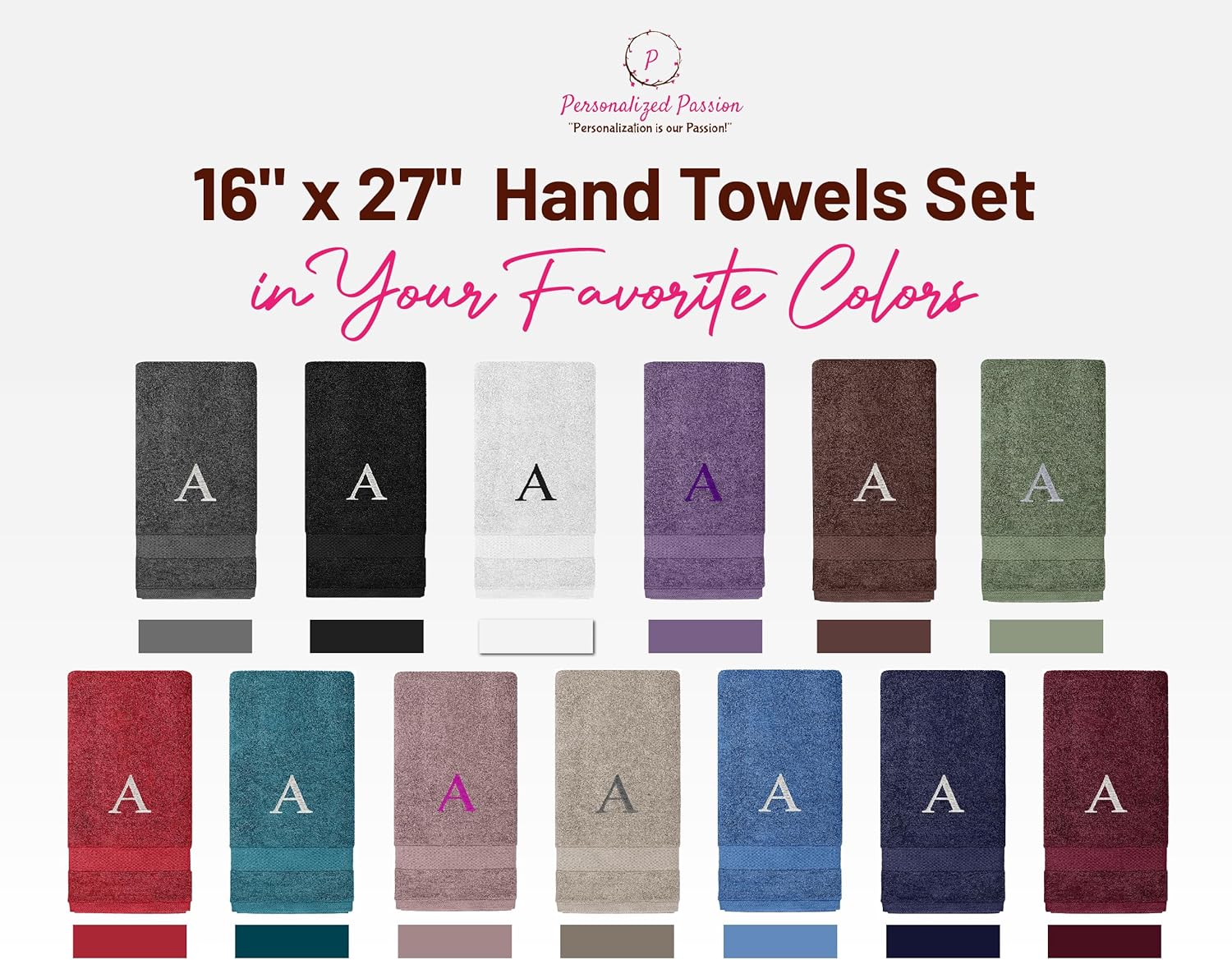 Juego de 2 toallas personalizadas con monograma, altamente absorbentes y suaves, toallas de mano de algodón turco de 16 x 27 pulgadas, toallas de