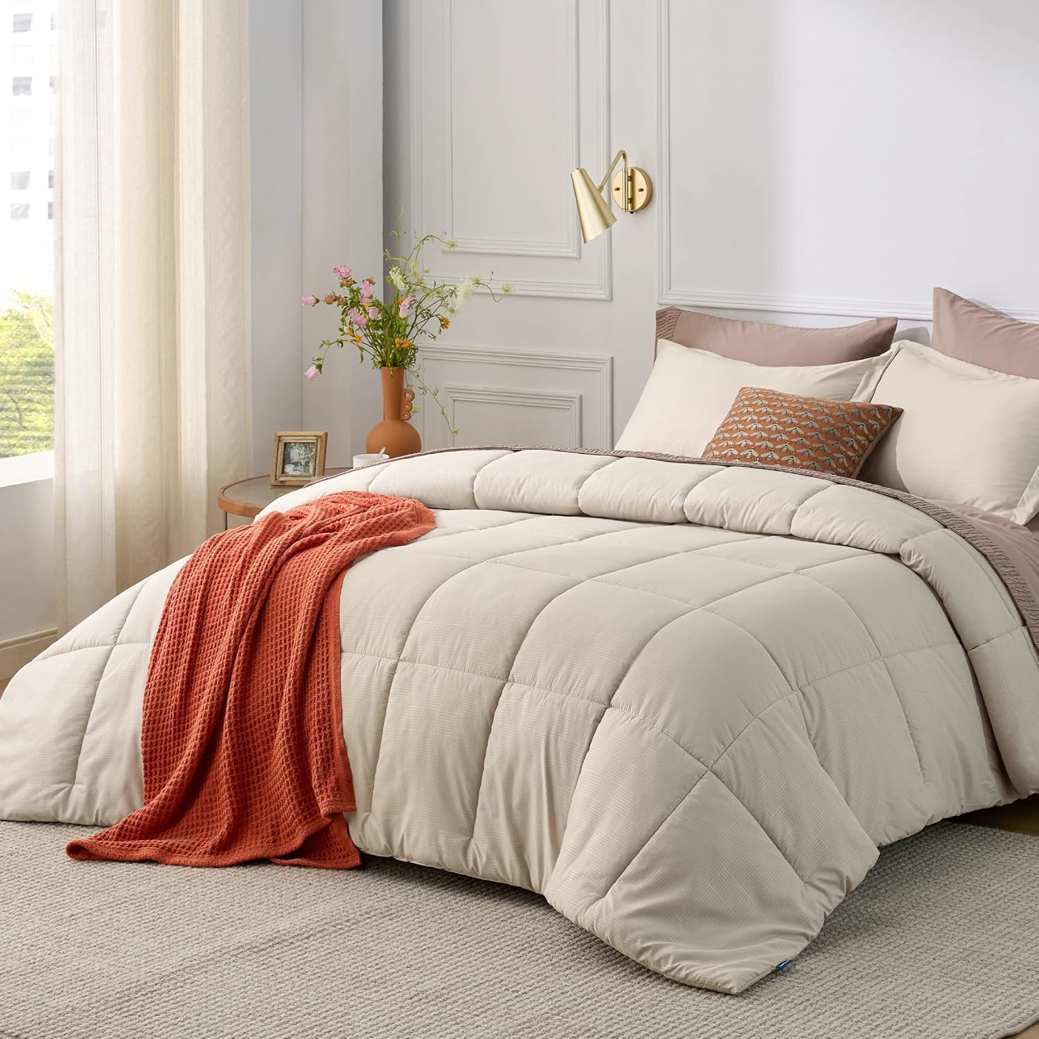 Bedsure Juego de edredón extra largo para cama individualindividual  Juego de edredón alternativo con tejido de cesta beige, tamaño