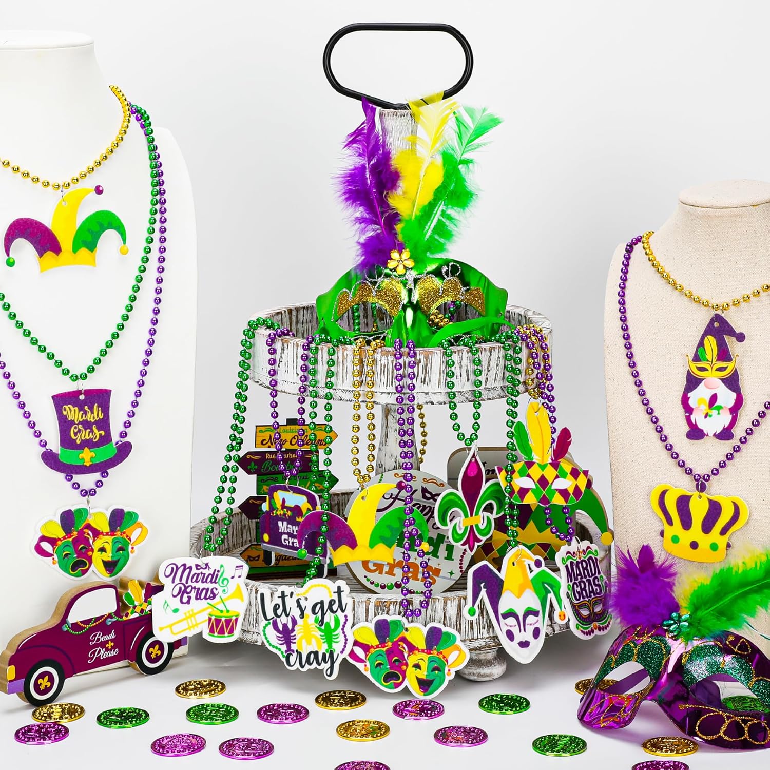 48 piezas de cuentas de Mardi Gras, collar de cuentas de Mardi Gras con colgante, 12 tipos de elementos, accesorios de oro verde, morado, dorado,