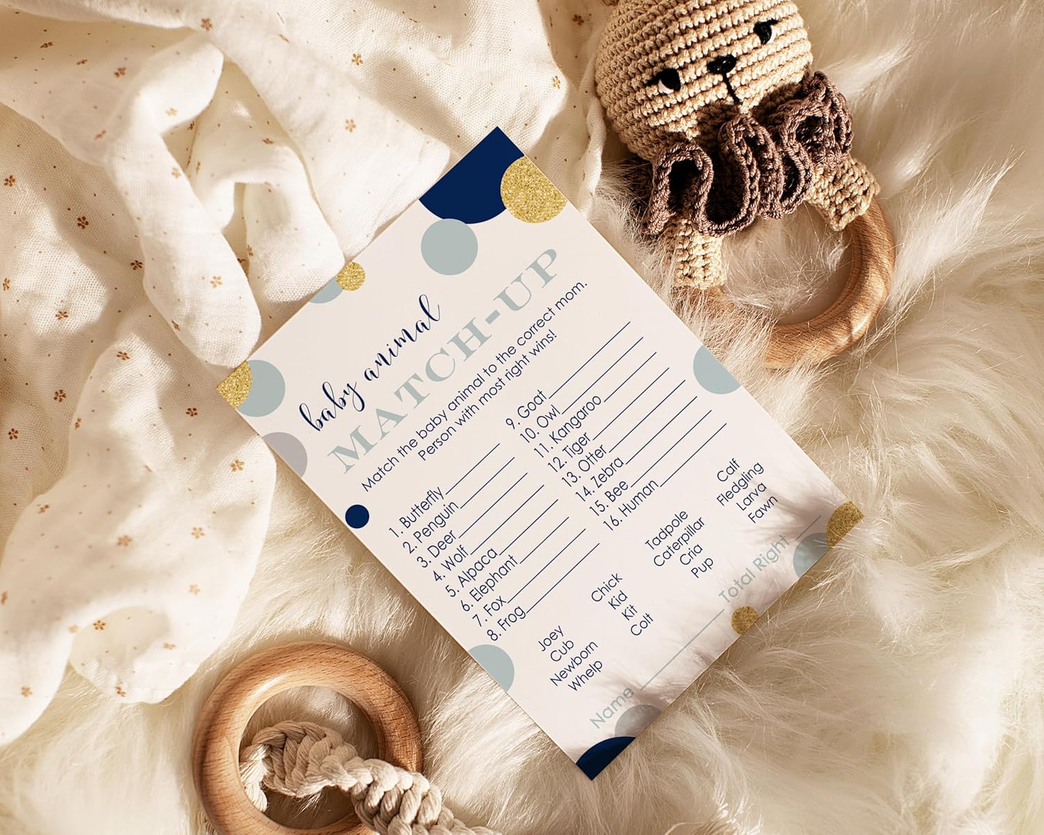 Paper Clever Party Juego de baby shower azul marino y dorado a juego de animales para todas las ocasiones, actividades divertidas de adivinanzas,