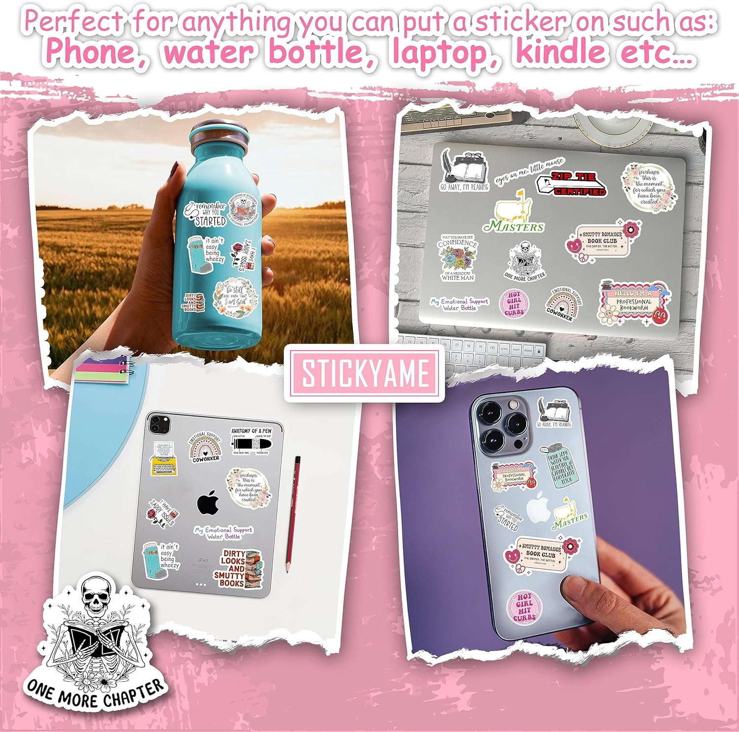 Calcomanías de un capítulo más, calcomanías de esqueleto, calcomanías de vinilo troqueladas para asistente de agua, para laptop, teléfono, botellas
