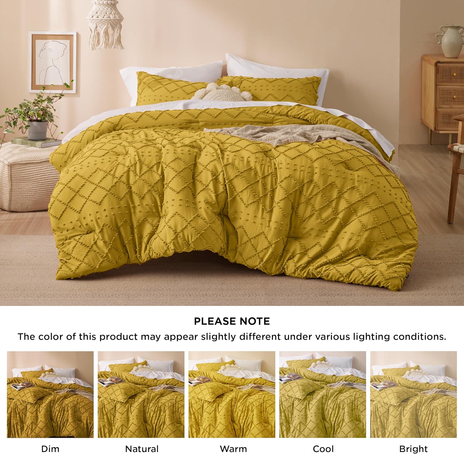 Bedsure Juego de edredón tamaño King  Edredón amarillo mostaza, juego de ropa de cama bohemio desgastado chic, juego de ropa de cama de 3 piezas