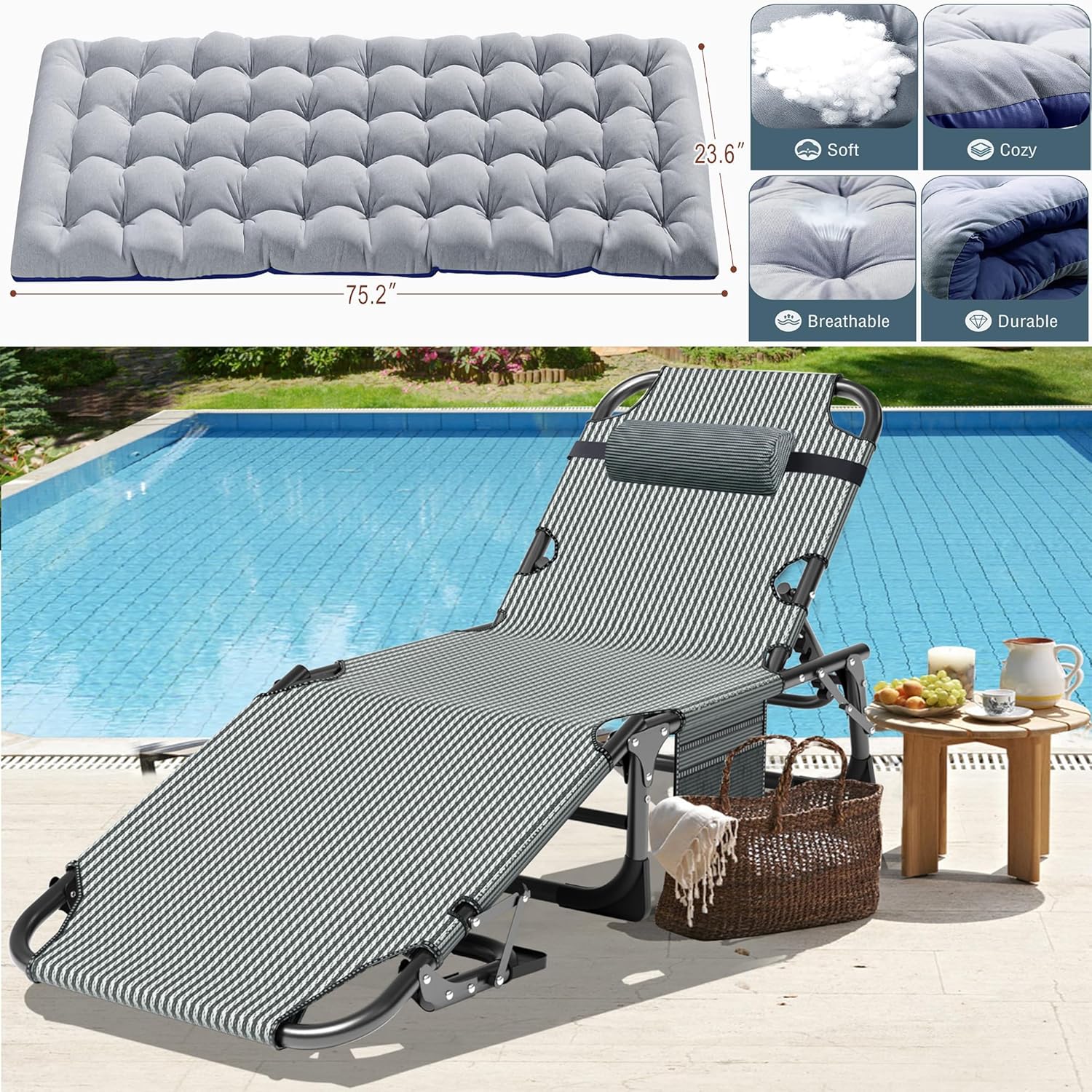 ABORON Paquete de 2 sillas plegables 3 en 1, silla tumbona de carga resistente de 500 libras, silla portátil ajustable para el hogar, jardín, playa,