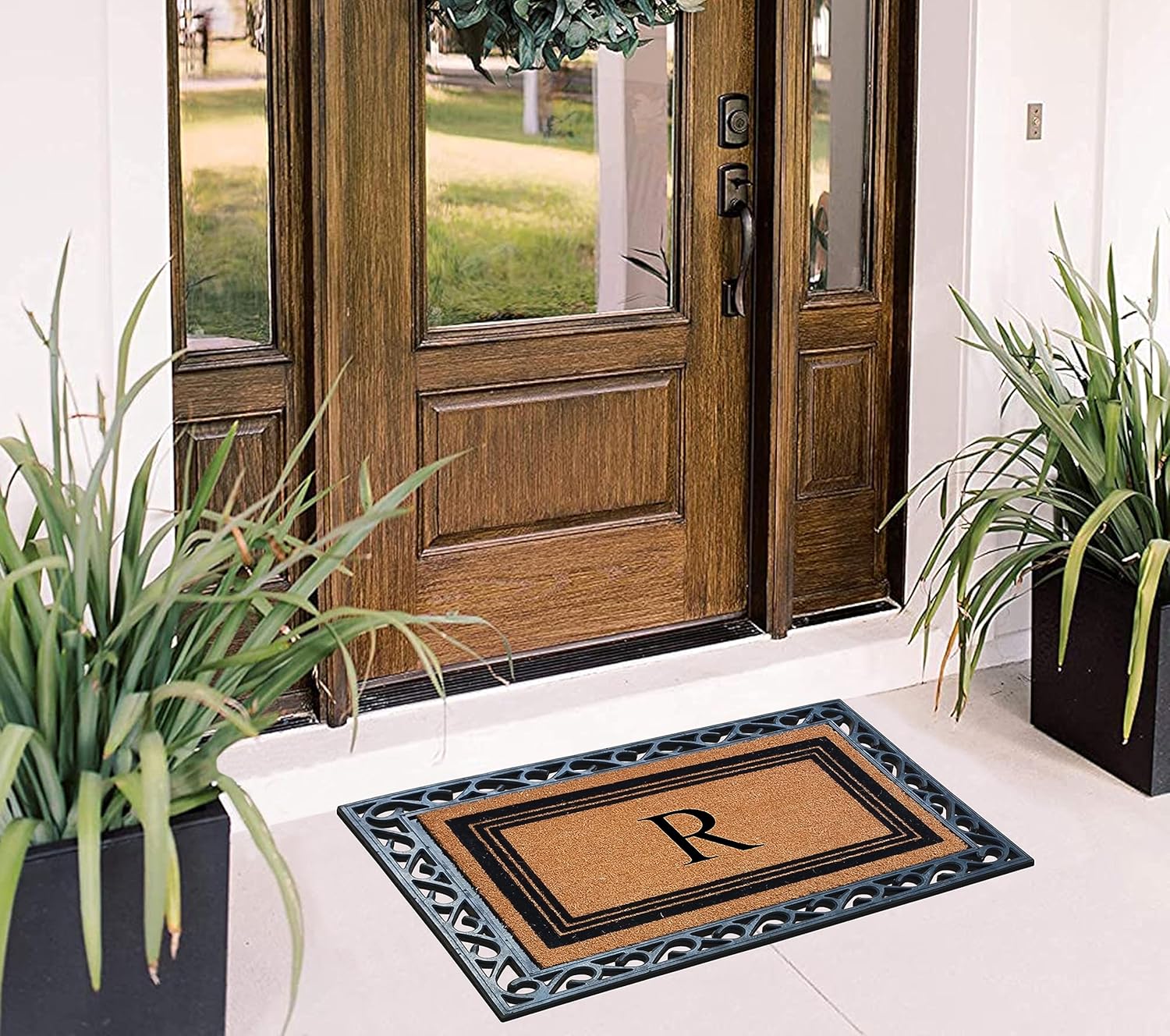 A1HC – Tapete para puerta de entrada con monograma de fibra de coco natural, duradero, grande, antideslizante, felpudo resistente, para puerta