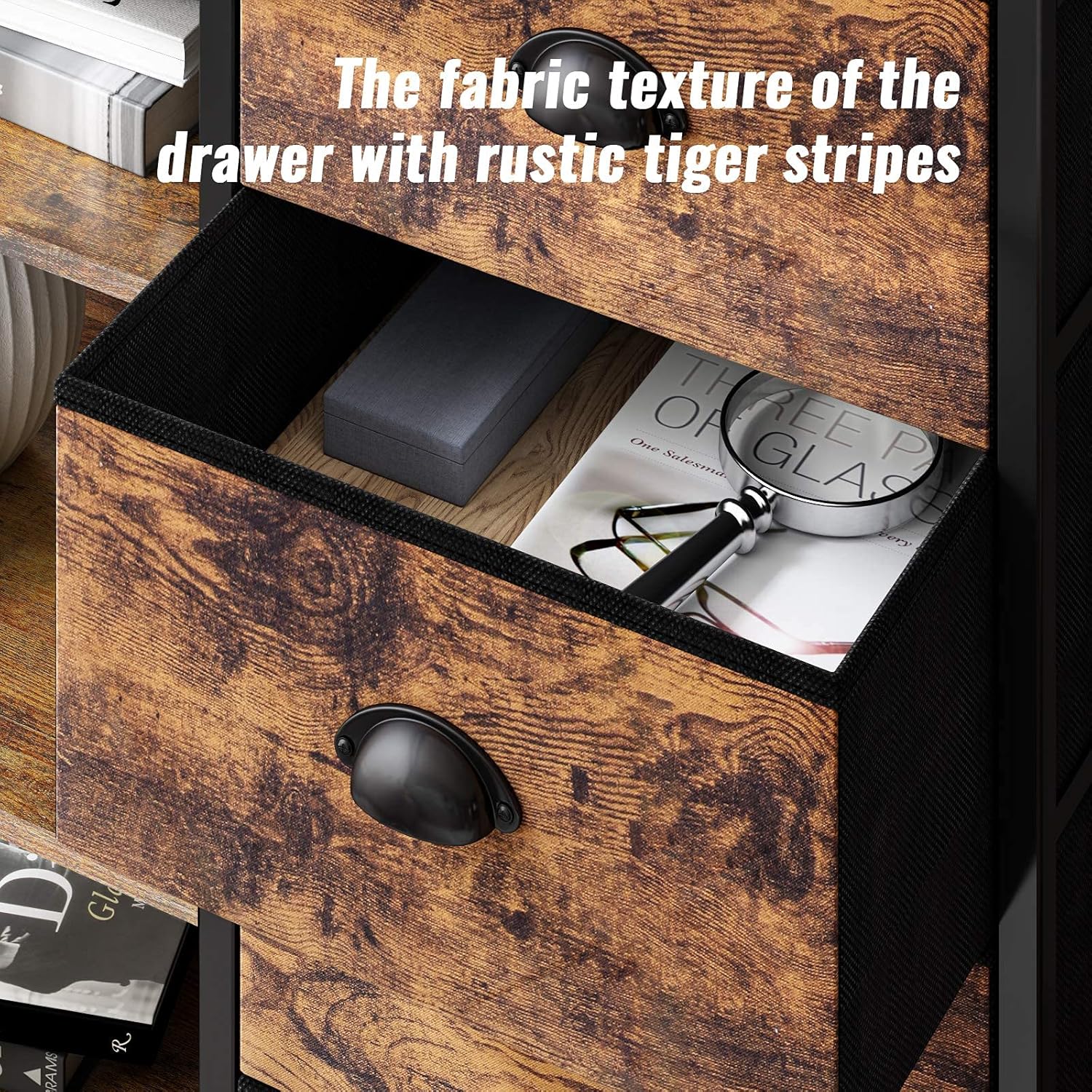 Furologee Cómoda de tela con 4 cajones y estante lateral, organizador industrial ligero para entrada, dormitorio, mesita de noche, oficina, cocina