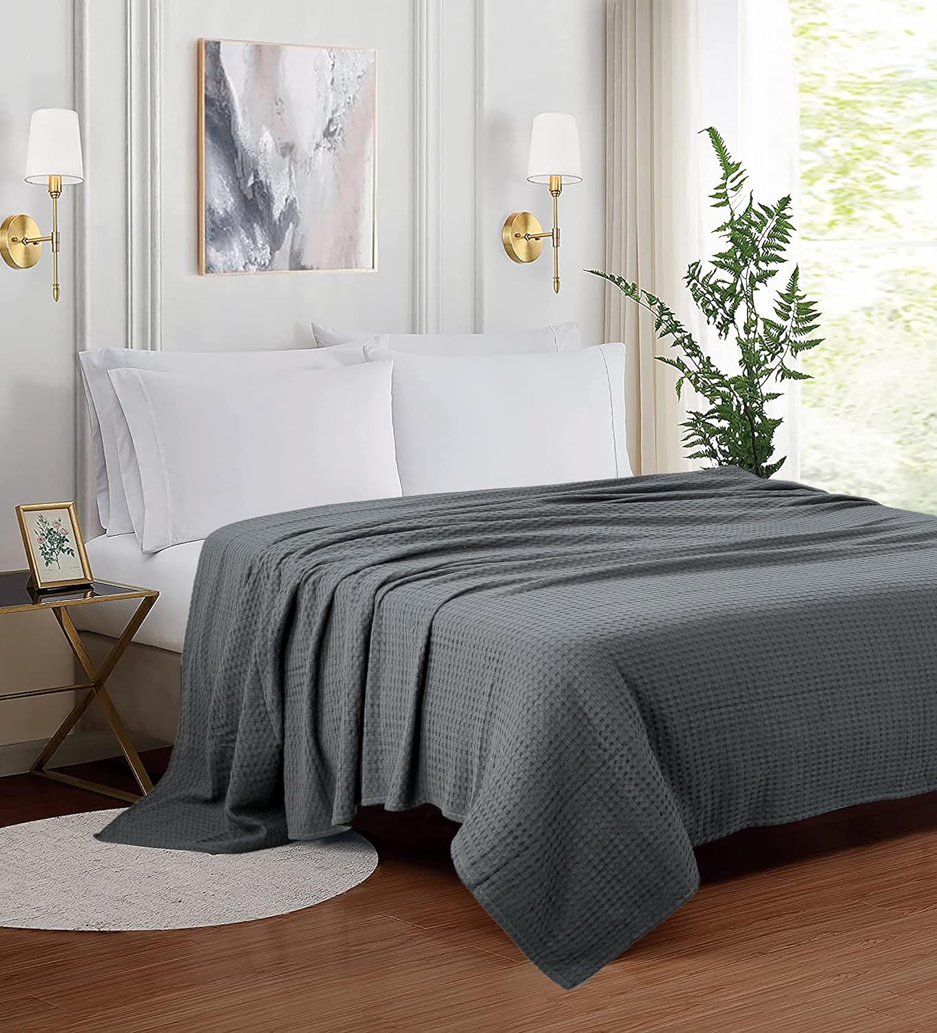 Manta de cama de 100 % algodón de alta calidad, tamaño Queen, color gris oscuro, ligera, transpirable, perfecta para usar en capas, cama, sofá o