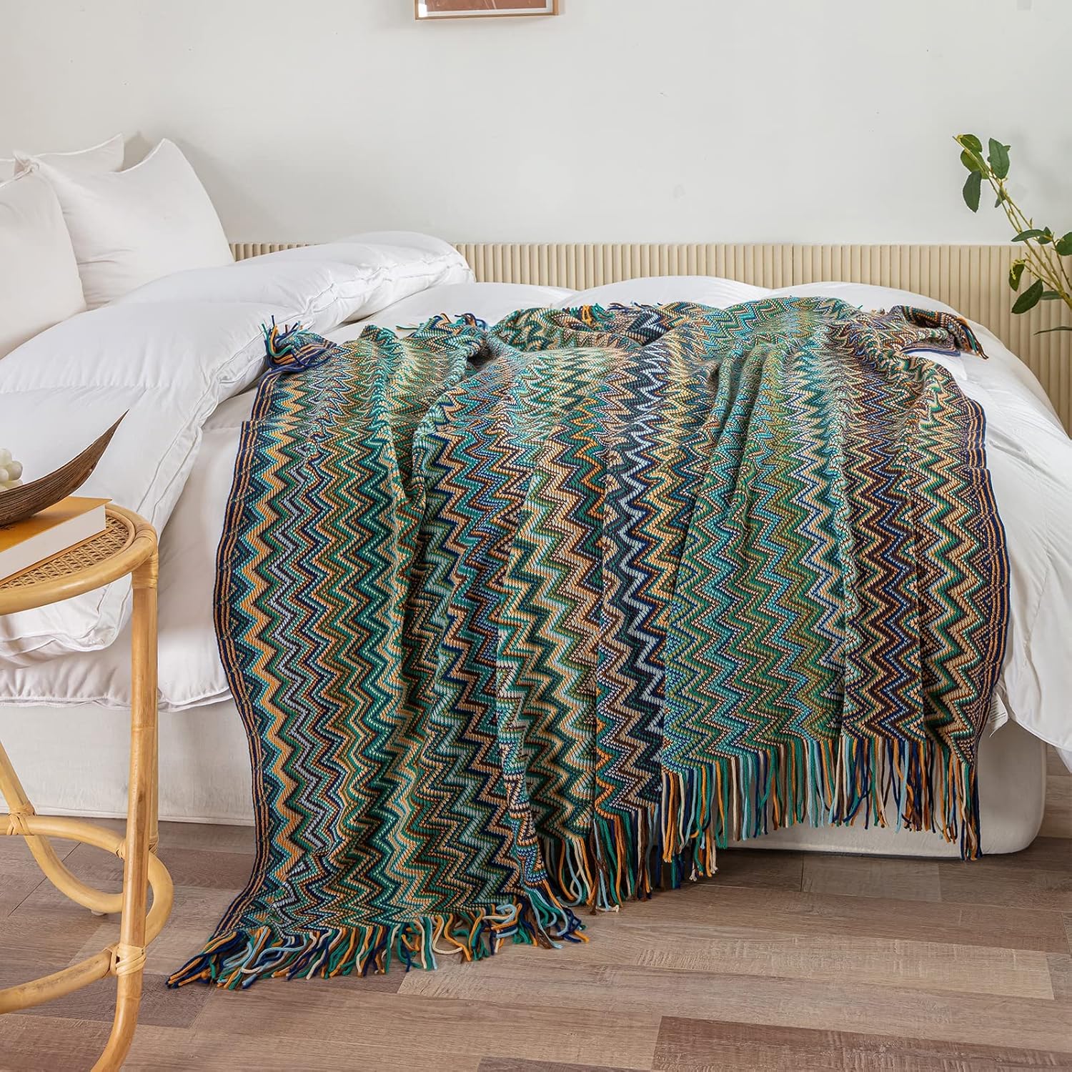 LIFEIN – Manta de punto estilo bohemio para sofá, manta bohemia suave de primavera, acogedora manta ligera de punto con borlas para decoración del