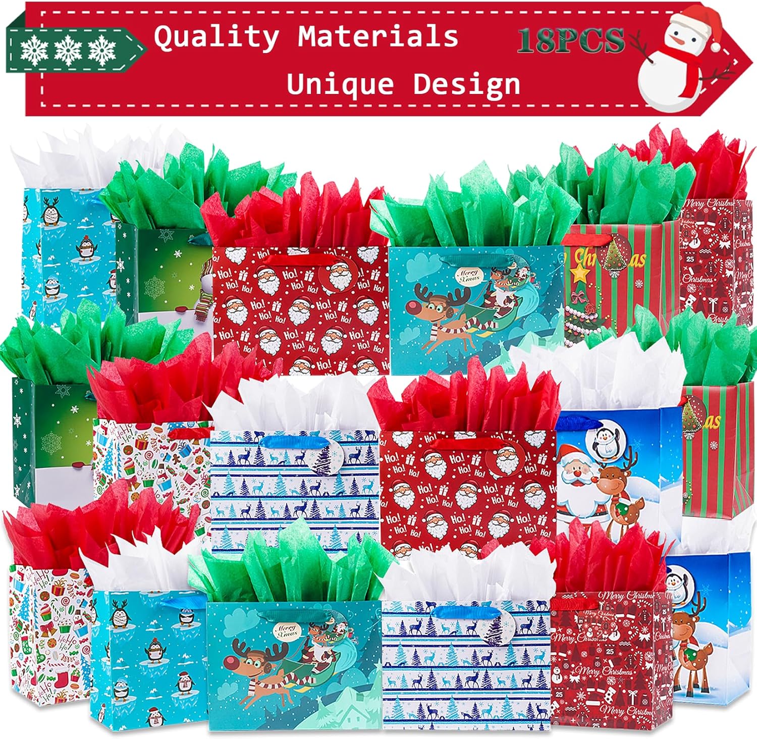 Elephant-package Paquete de 18 bolsas de papel de regalo de Navidad con papel de seda a granel, bolsas de regalo de Navidad medianas con diseños