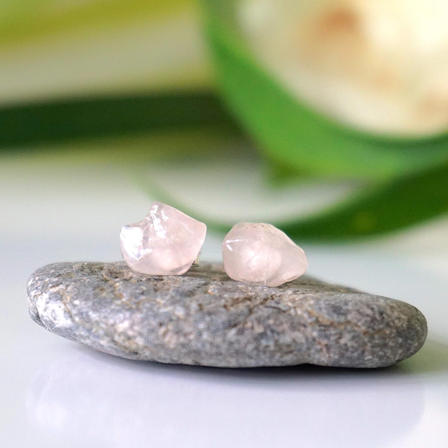 Designs by Nature Gems Handmade Rose Quartz Stud Earrings Sterling Silver, January Birthstone