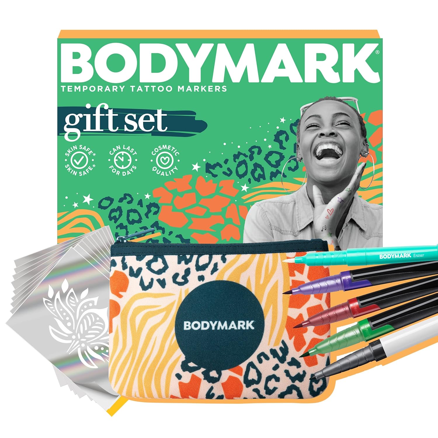 BodyMark Set de regalo marcadores temporales de tatuaje para piel, puntas finas y flexibles de pincel, paquete de 5 unidades contiene cuatro